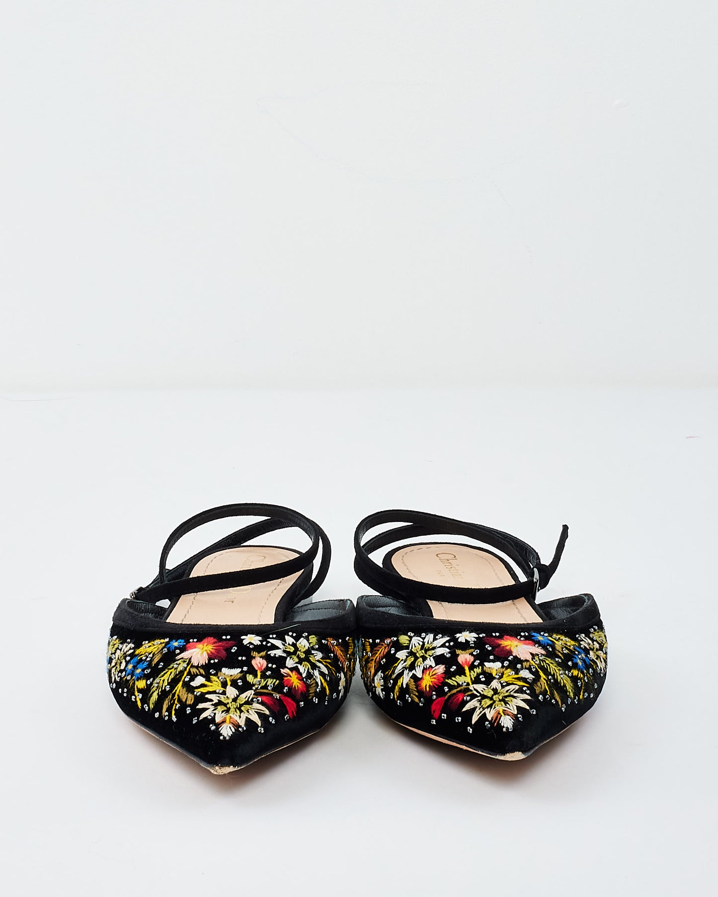 Dior Black Velvet Floral Embroidered Ankle Strap Flats - 37