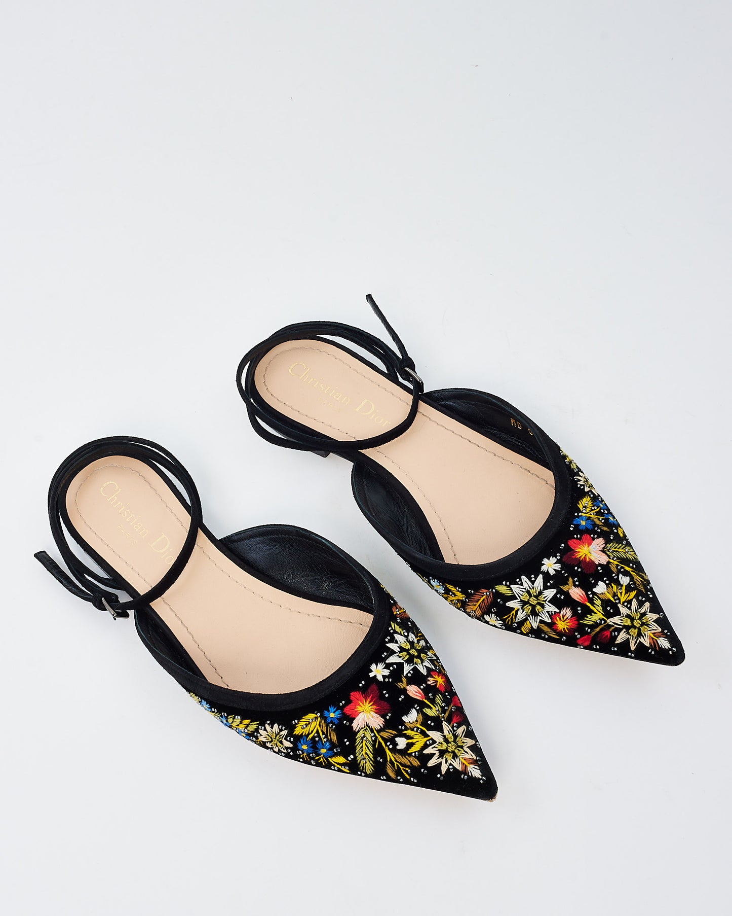 Dior Black Velvet Floral Embroidered Ankle Strap Flats - 37