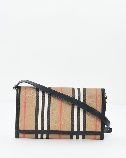 Burberry Brown Icon Stripe Coated Canvas Wallet On Strap Crossbody