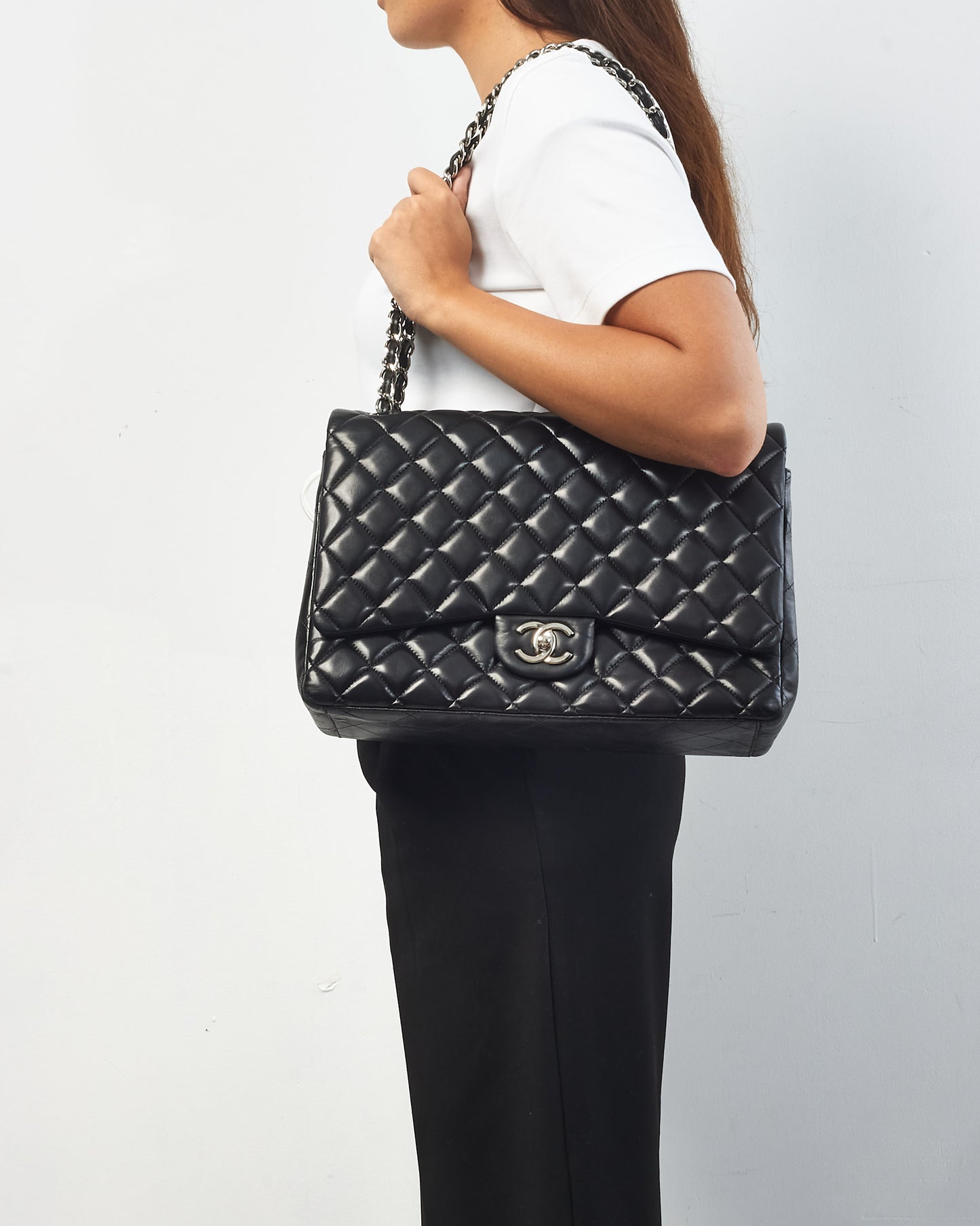 Chanel Black Lambskin Leather SHW Maxi Classic Double Flap Bag