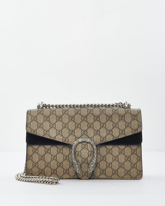 Gucci Beige and Black Velvet GG Supreme Canvas Small Dionysus Shoulder Bag