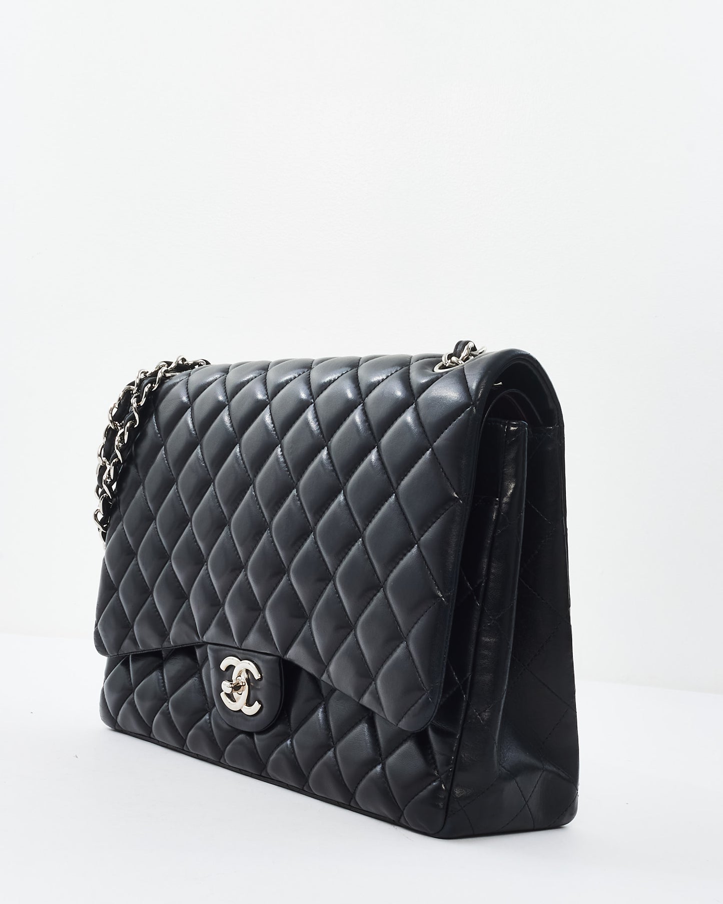 Chanel Black Lambskin Leather SHW Maxi Classic Double Flap Bag