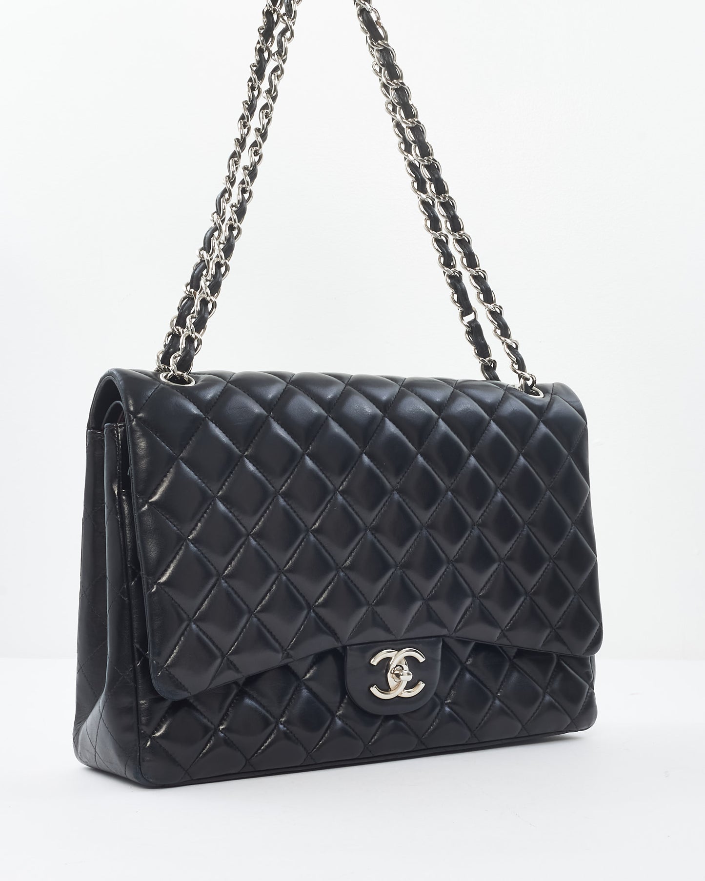 Chanel Black Lambskin Leather SHW Maxi Classic Double Flap Bag