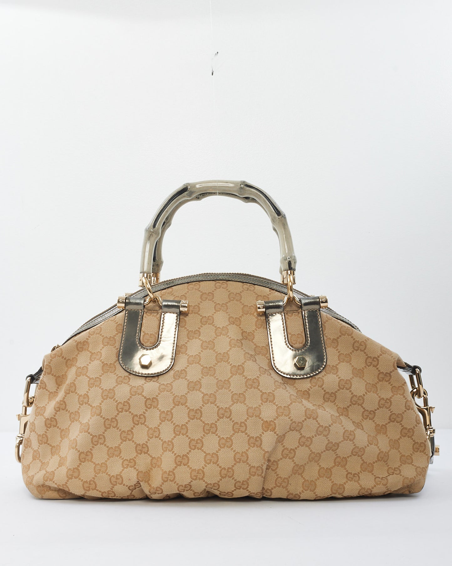 Gucci Beige Monogram Bamboo Frame Satchel Cloth Handbag