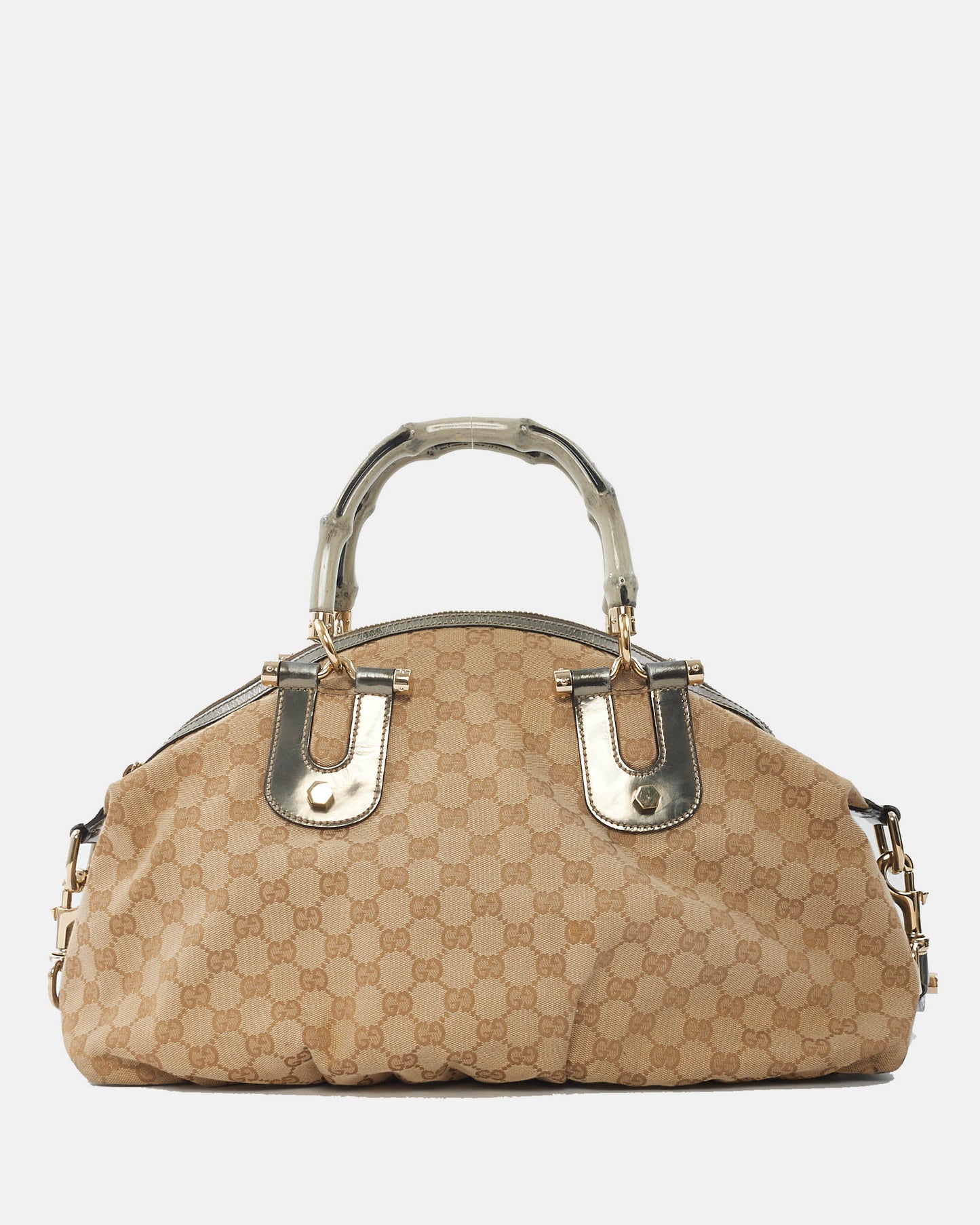 Gucci Beige Monogram Bamboo Frame Satchel Cloth Handbag