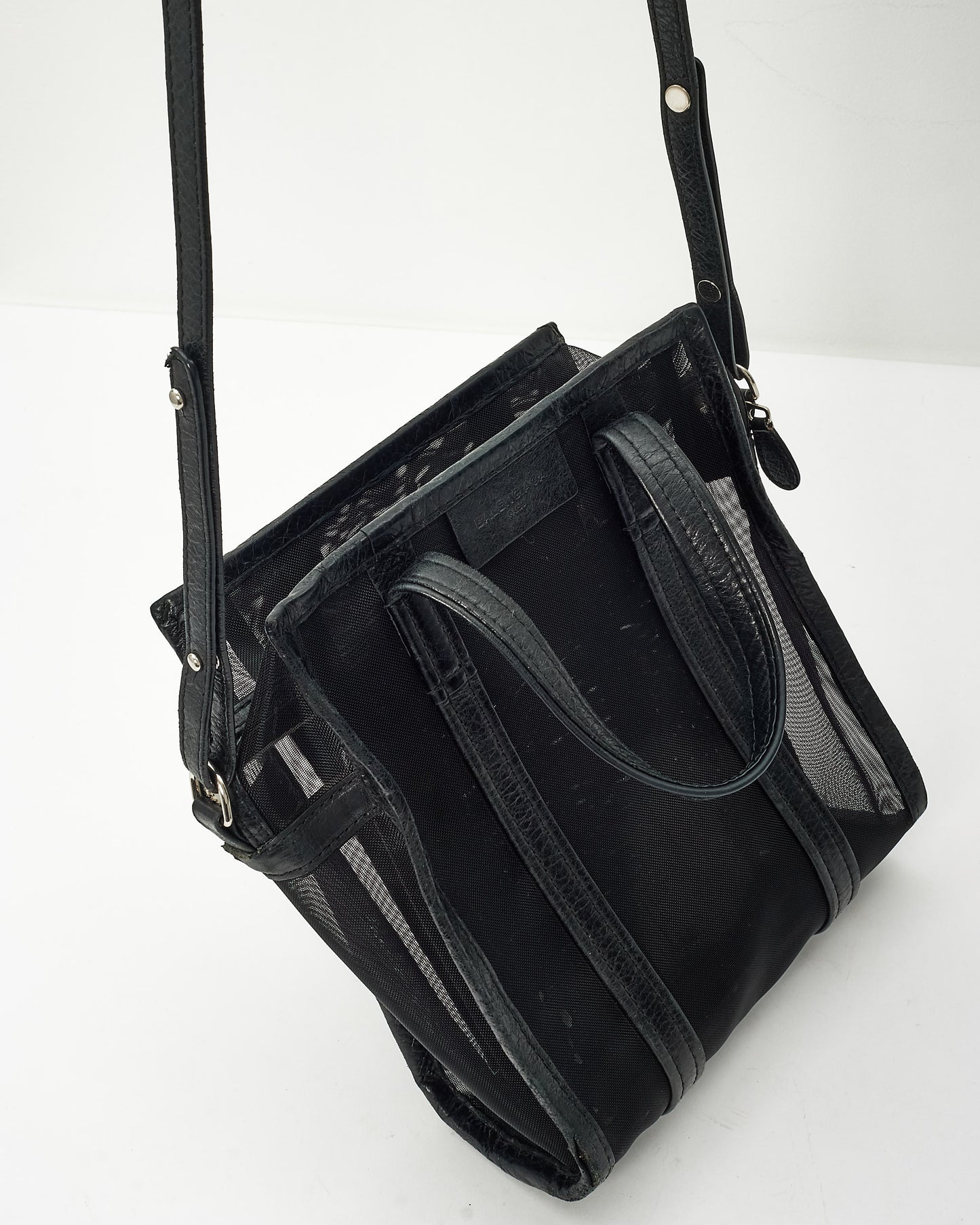 Balenciaga Black Mesh 
Leather S Shopper Tote Bag