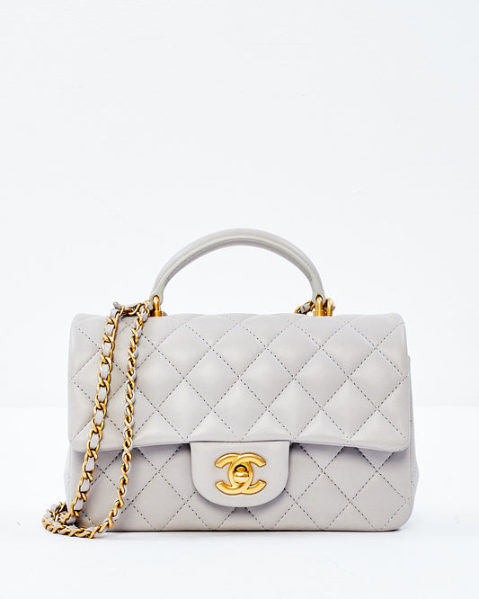 Chanel Light Grey Lambskin Leather Mini Top Handle Flap Bag