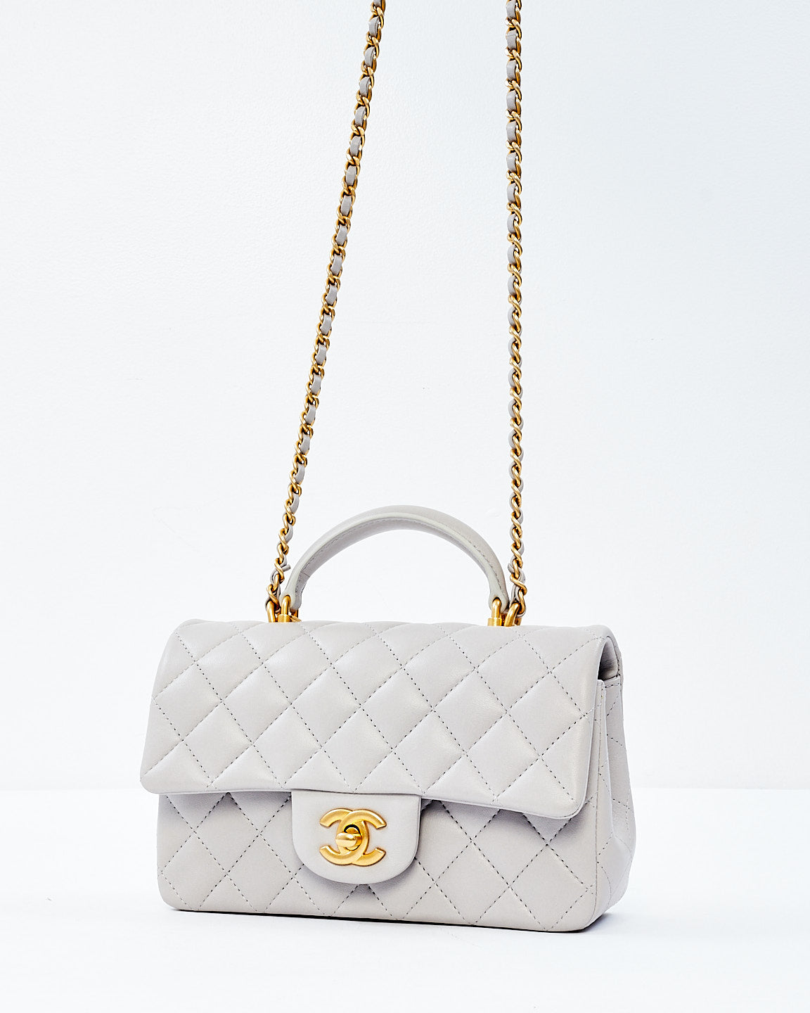 Chanel Light Grey Lambskin Leather Mini Top Handle Flap Bag