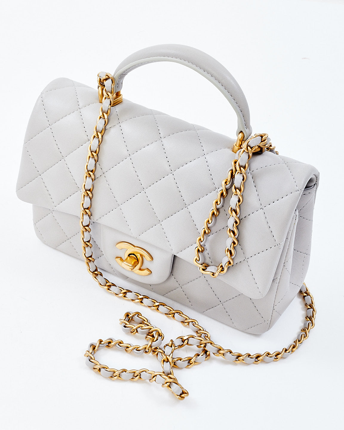 Chanel Light Grey Lambskin Leather Mini Top Handle Flap Bag