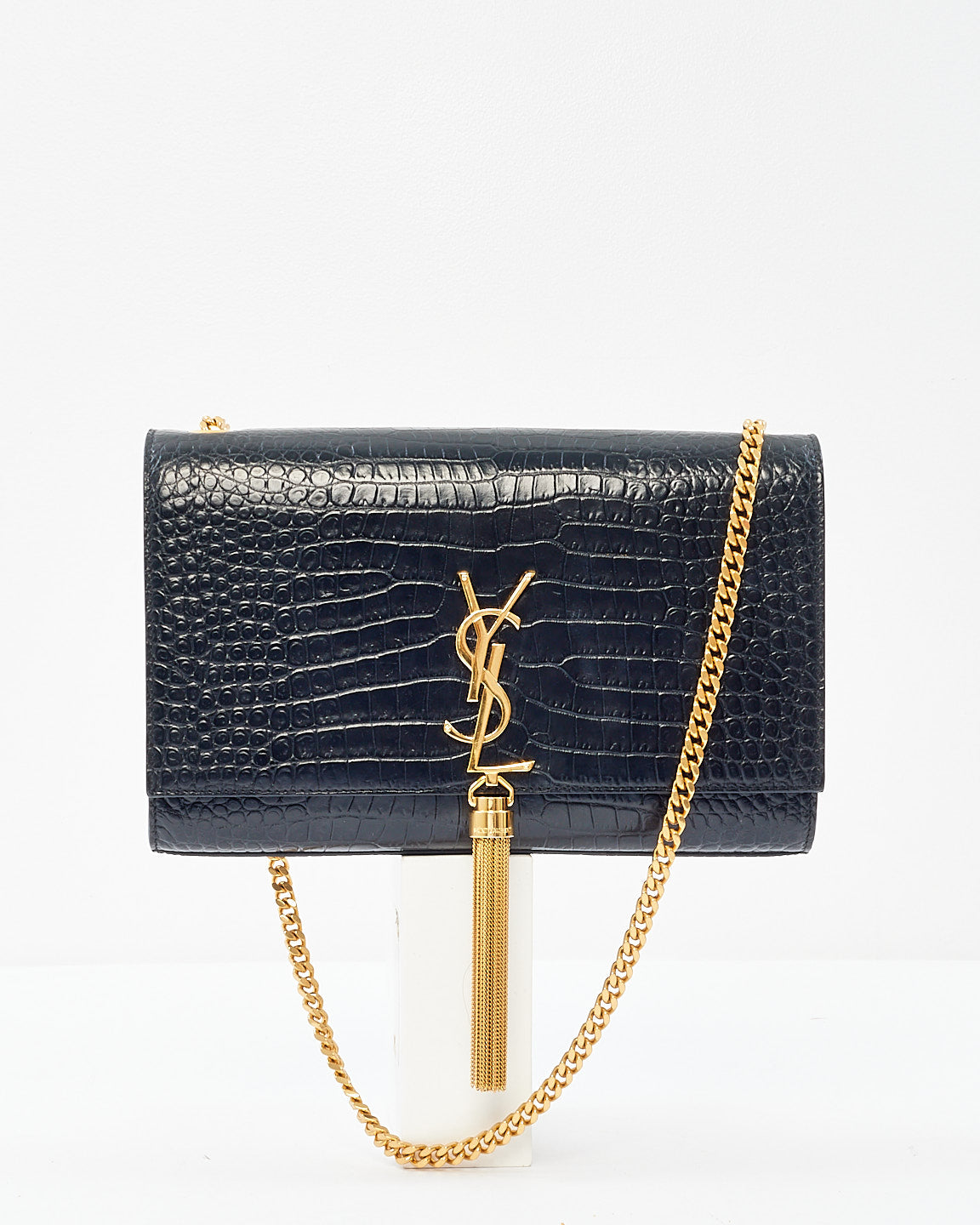 Saint Laurent Black Croc Embossed Kate Tassel Medium Crossbody Clutch Bag