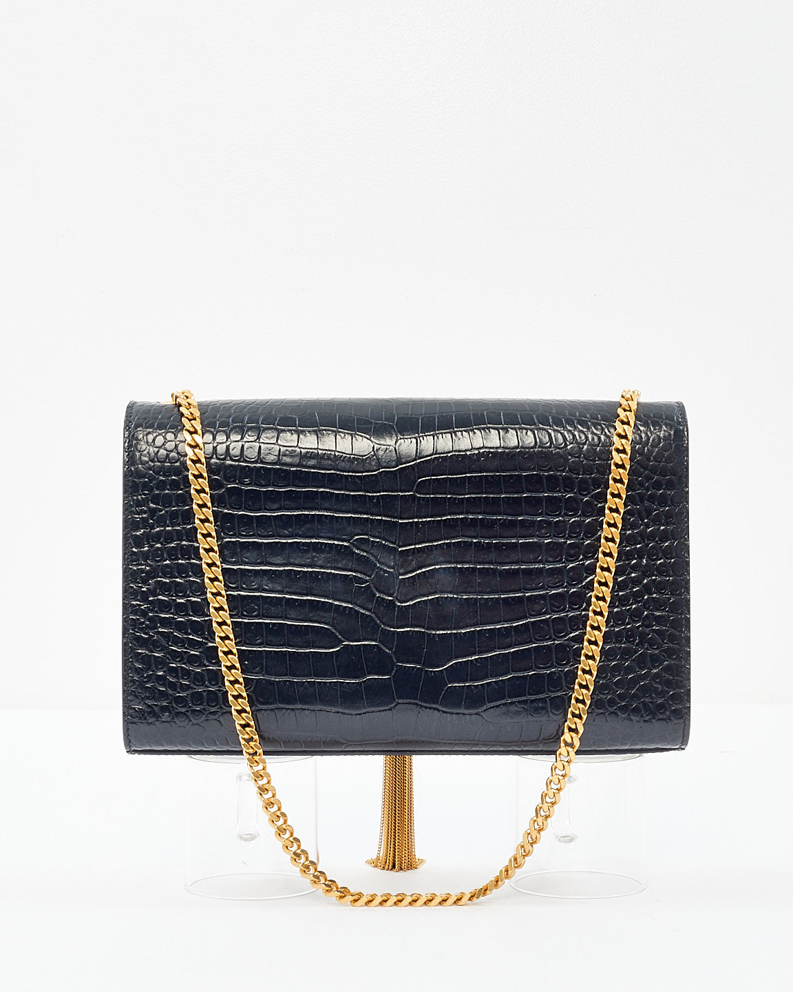 Saint Laurent Black Croc Embossed Kate Tassel Medium Crossbody Clutch Bag