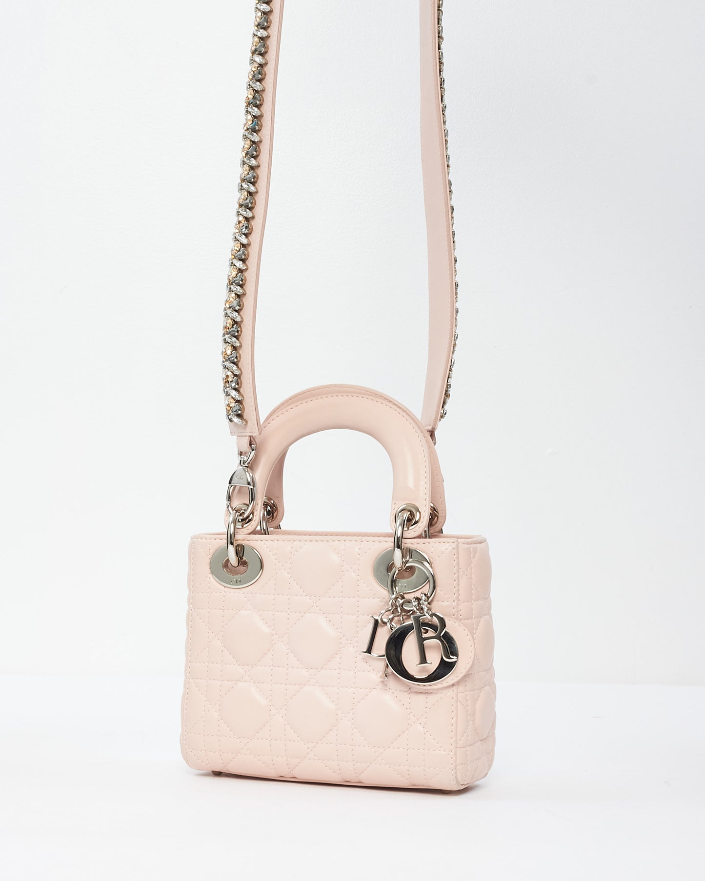 Dior Light Pink Lambskin Leather Cannage Mini Lady Dior Bag w/ Jewel Strap