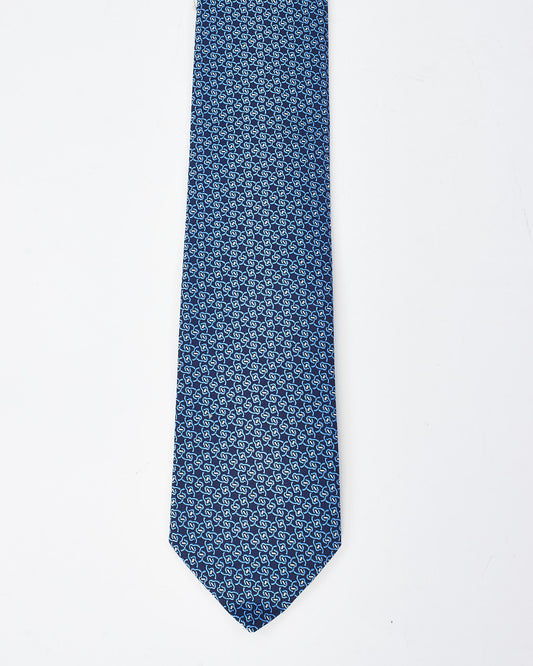 Hermès Blue 
White Silk Anneaux De Bride Silk Tie