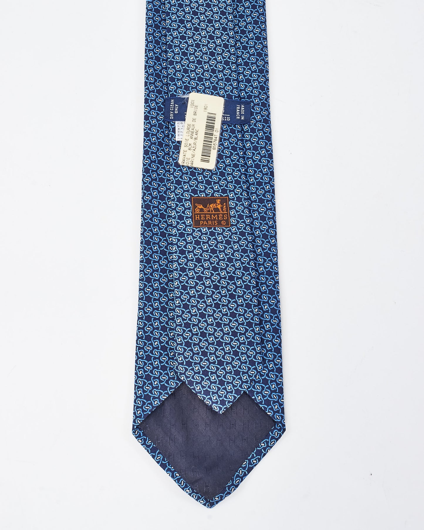 Hermès Blue 
White Silk Anneaux De Bride Silk Tie