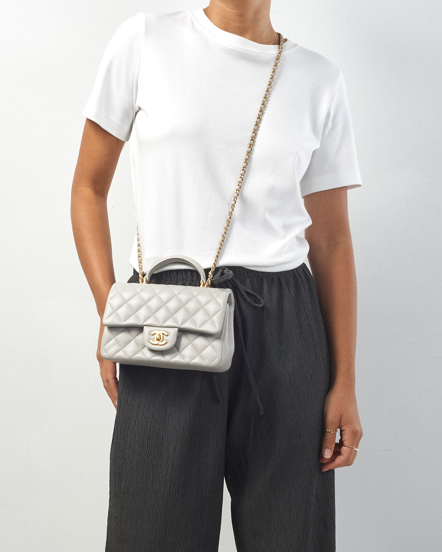 Chanel Light Grey Lambskin Leather Mini Top Handle Flap Bag