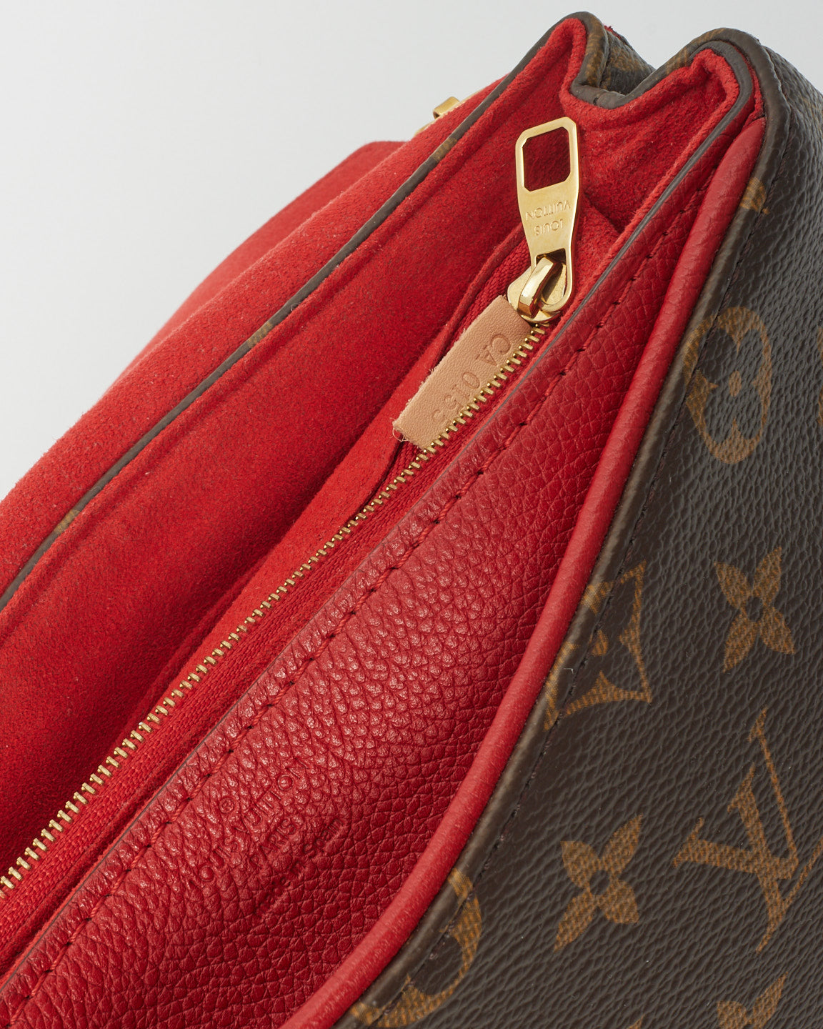 Louis Vuitton Brown Monogram Coated Canvas 
Red Leather Pallas Shoulder Bag