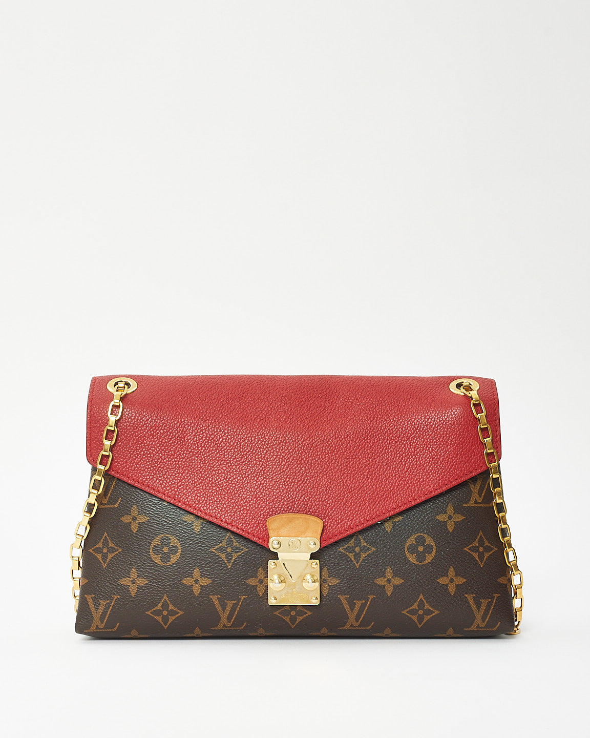 Louis Vuitton Brown Monogram Coated Canvas 
Red Leather Pallas Shoulder Bag