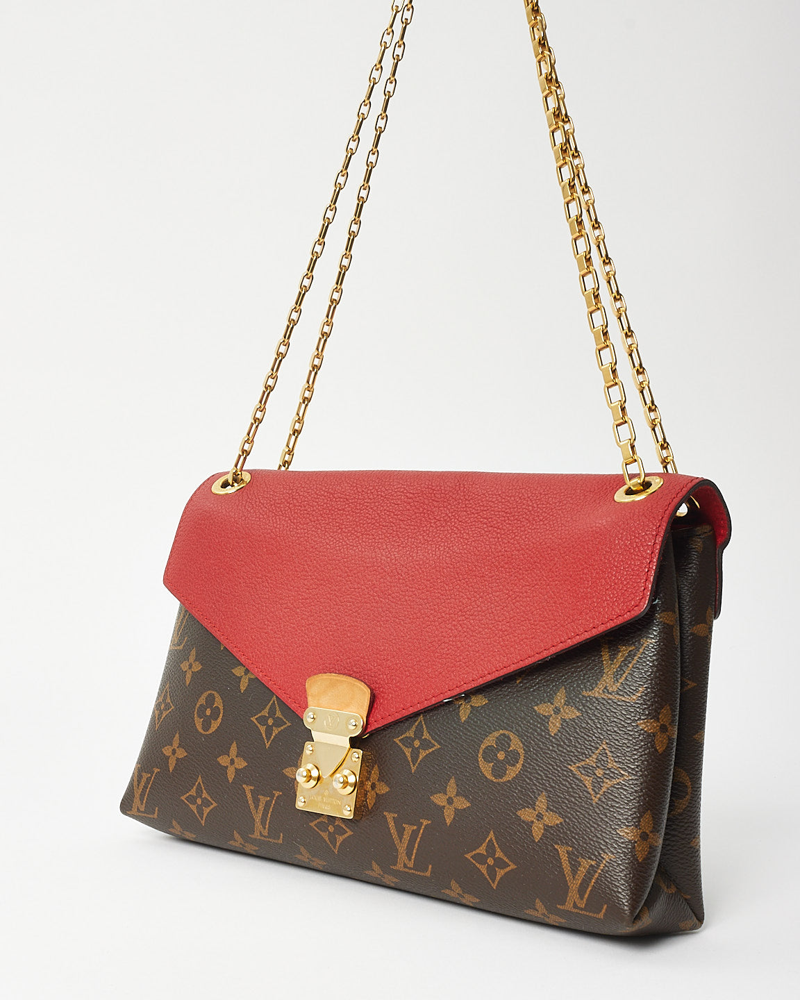 Louis Vuitton Brown Monogram Coated Canvas 
Red Leather Pallas Shoulder Bag