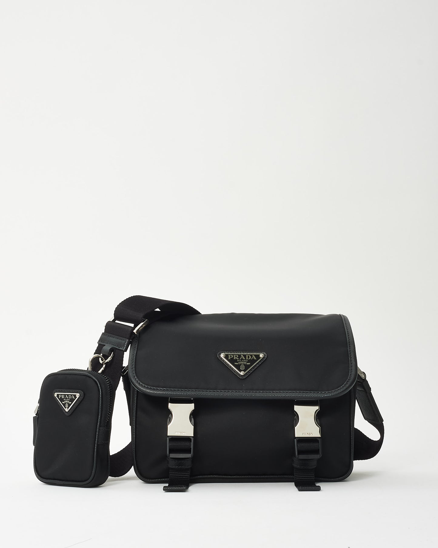 Prada Black Re-Nylon Double Buckle Messenger Crossbody Bag W/ Pouch Strap