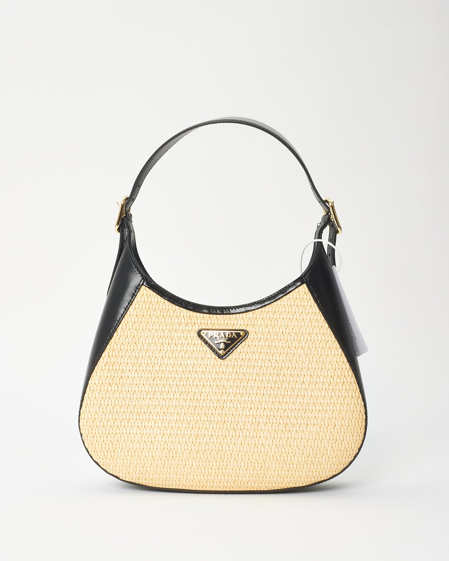 Prada Beige Raffia 
Black Leather Small Cleo Bag