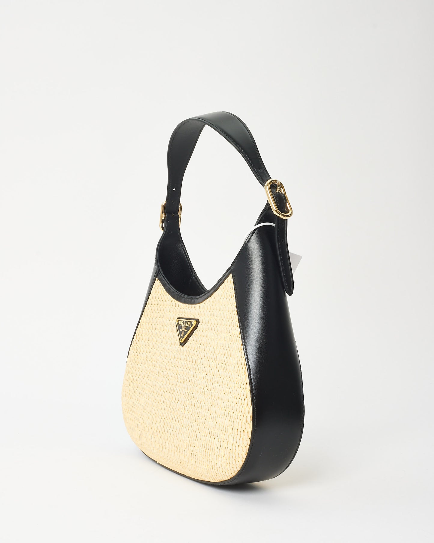 Prada Beige Raffia 
Black Leather Small Cleo Bag