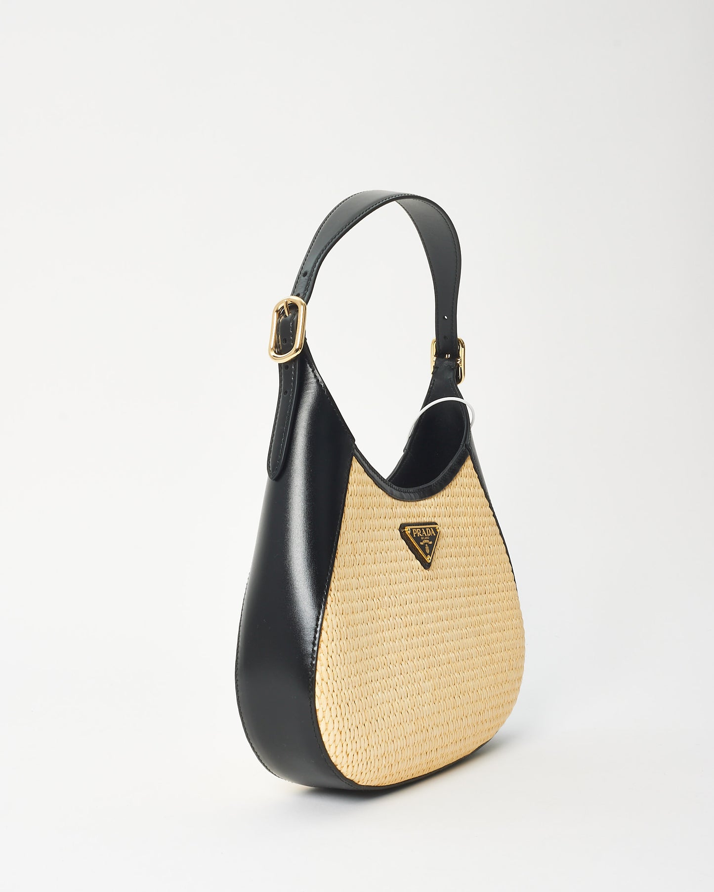 Prada Beige Raffia 
Black Leather Small Cleo Bag