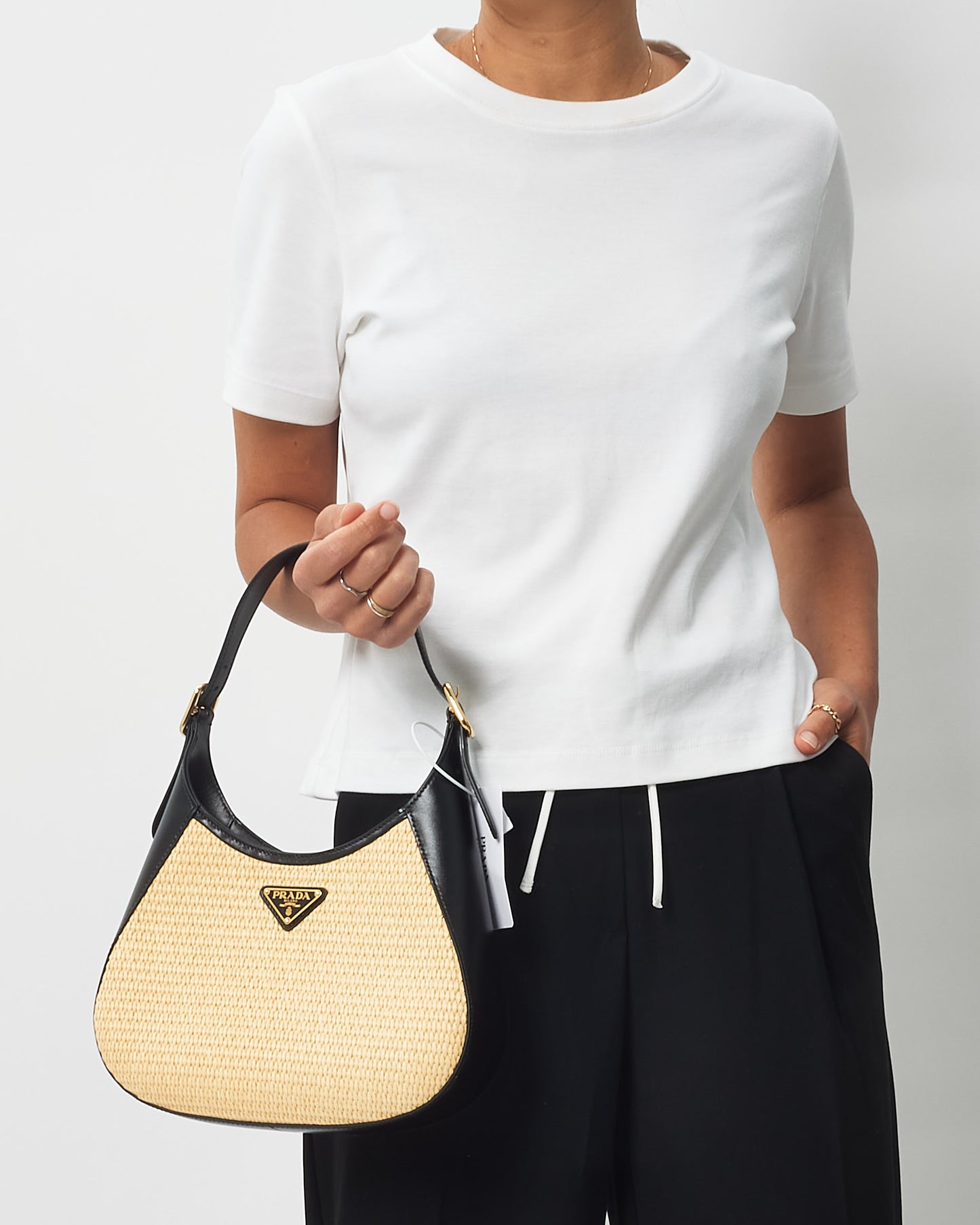 Prada Beige Raffia 
Black Leather Small Cleo Bag