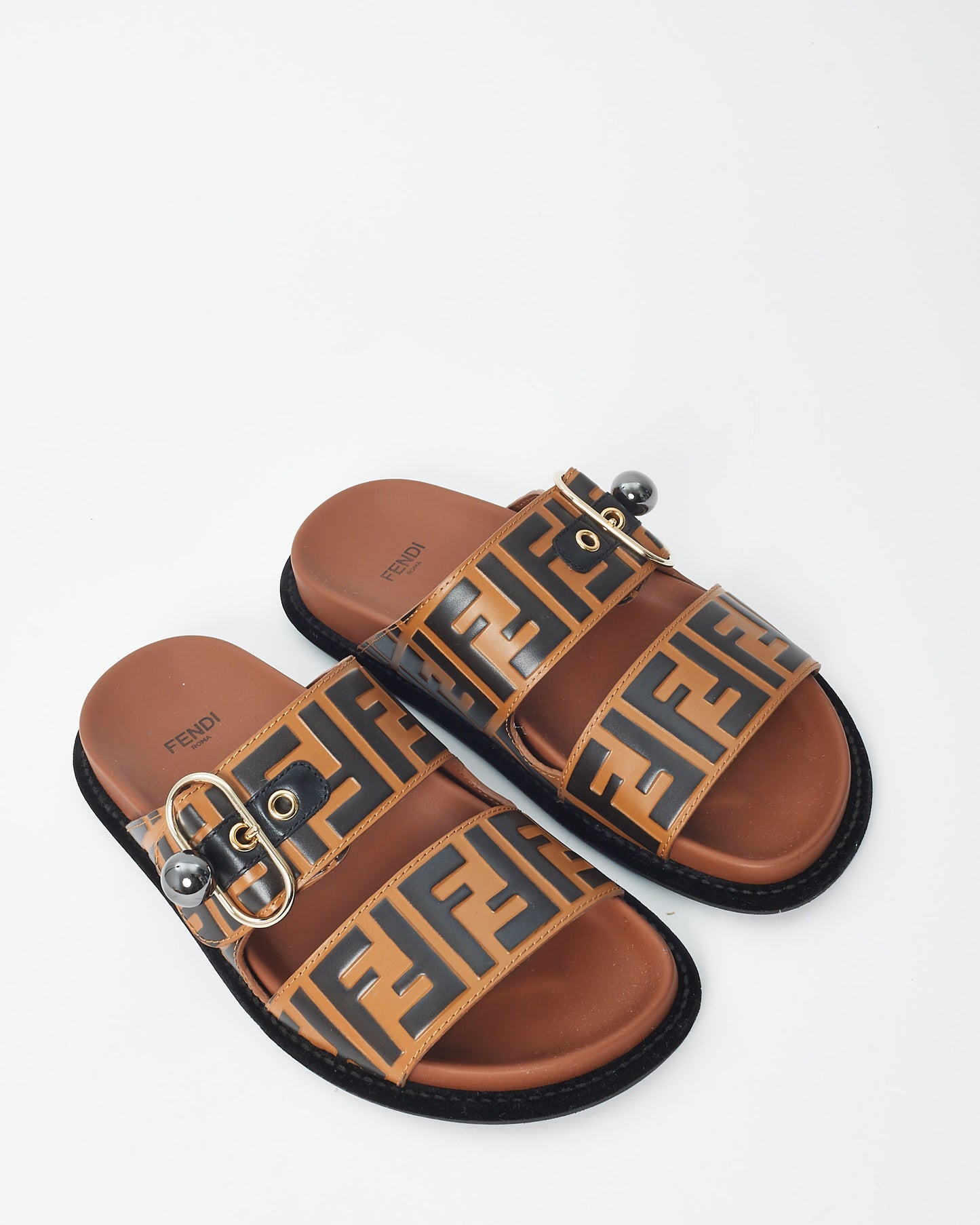 Fendi Monogram Leather Buckle Dad Slide Sandals - 36.5