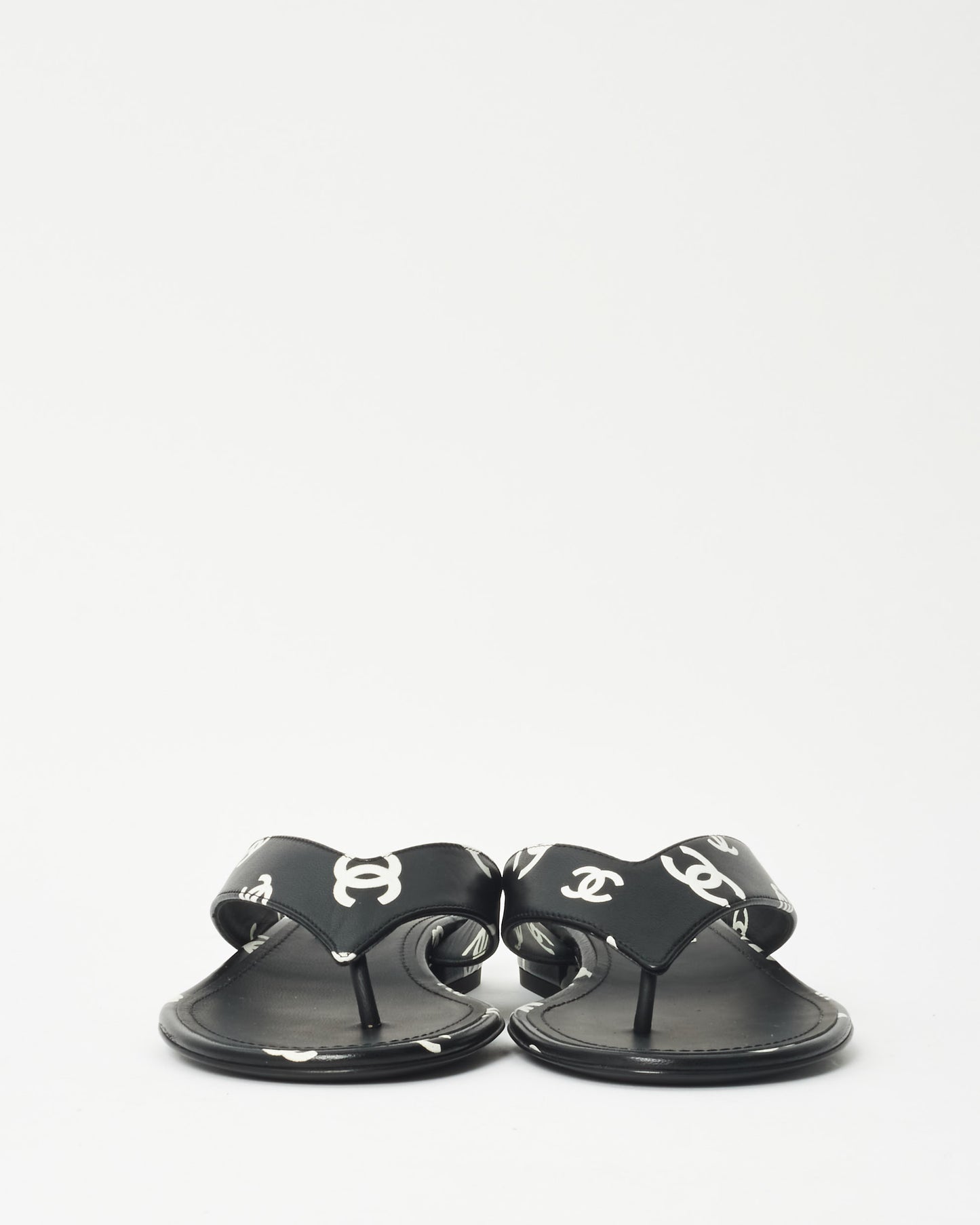 Chanel Black 
White Logo Leather 22S Flip Flop Sandals - 35