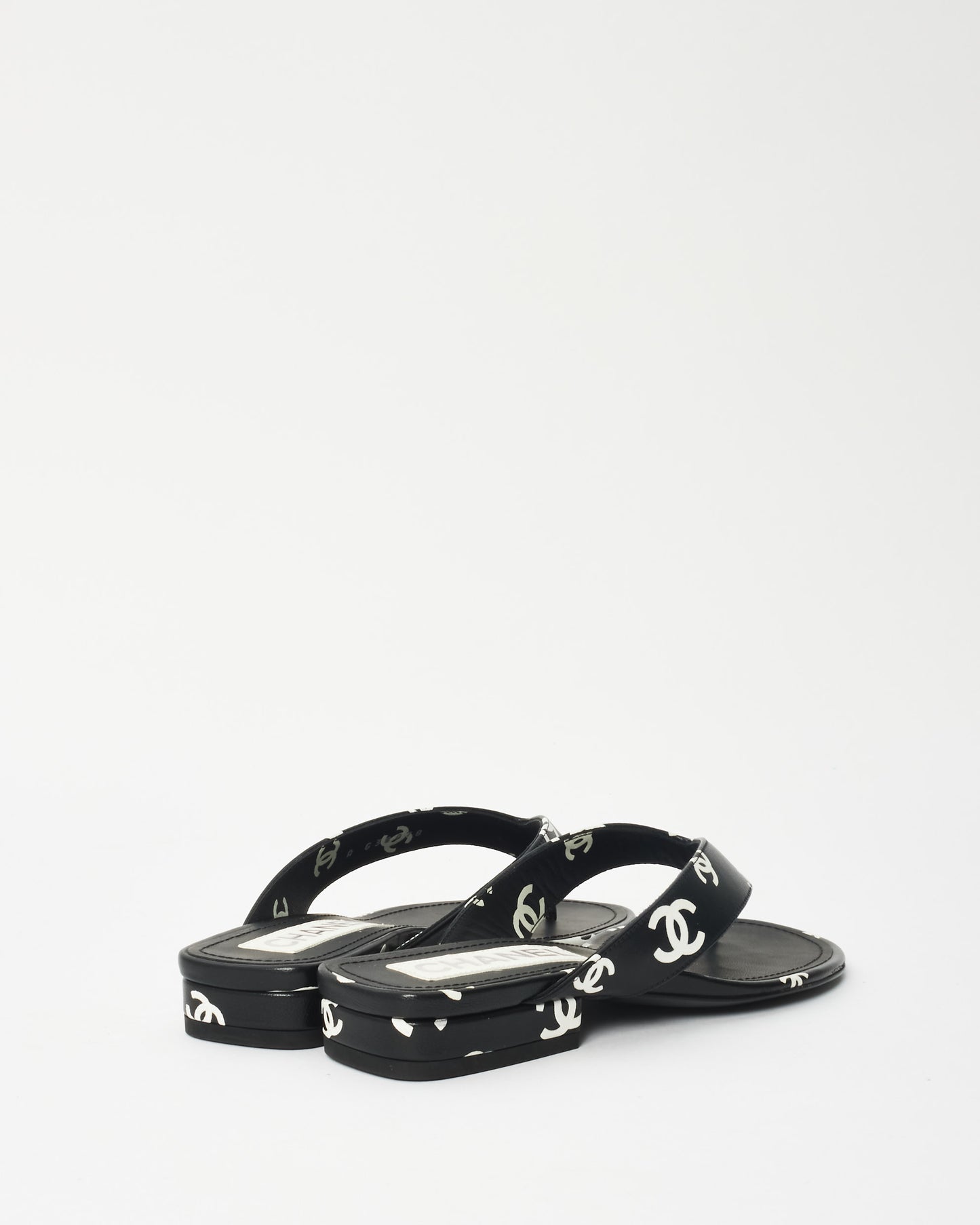 Chanel Black 
White Logo Leather 22S Flip Flop Sandals - 35