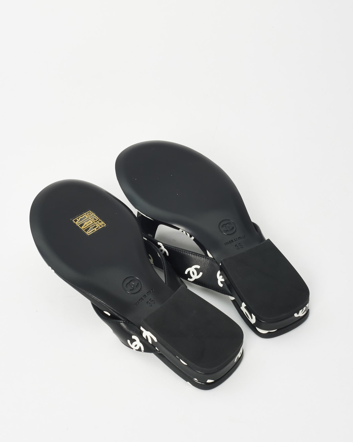 Chanel Black 
White Logo Leather 22S Flip Flop Sandals - 35