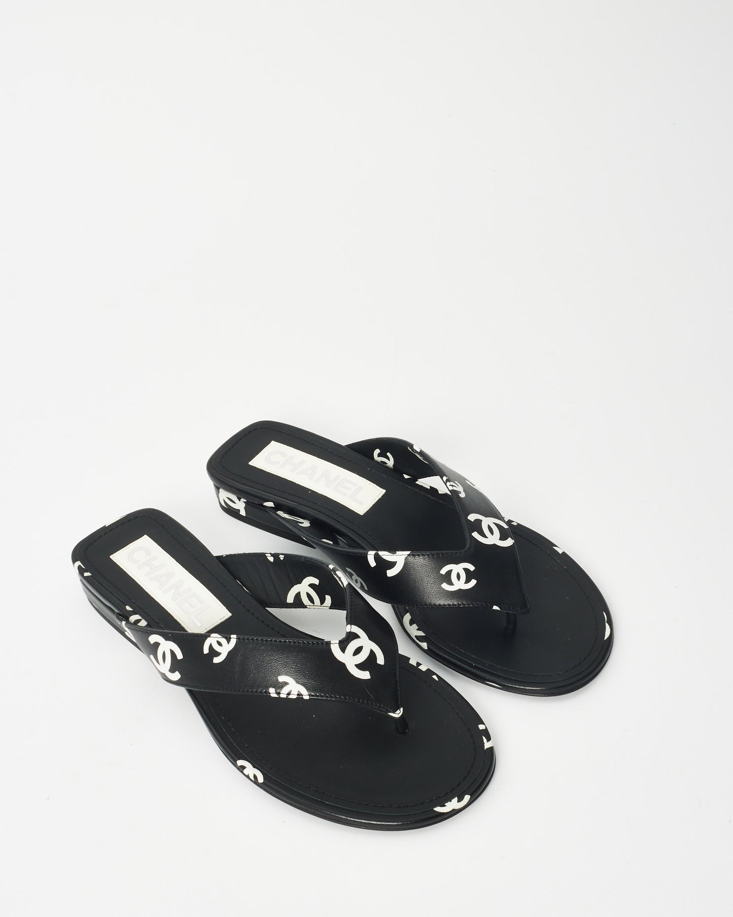 Chanel Black 
White Logo Leather 22S Flip Flop Sandals - 35