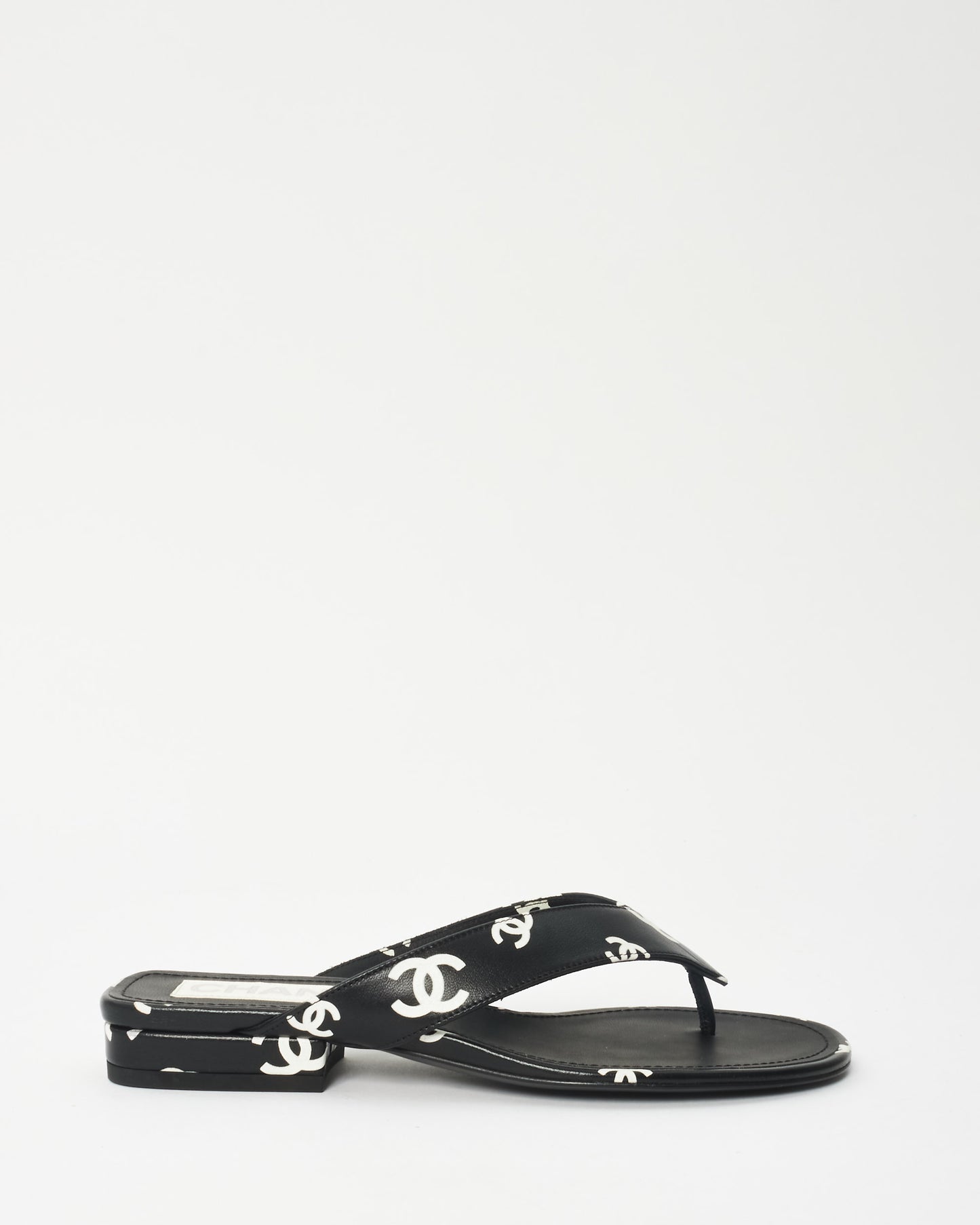 Chanel Black 
White Logo Leather 22S Flip Flop Sandals - 35