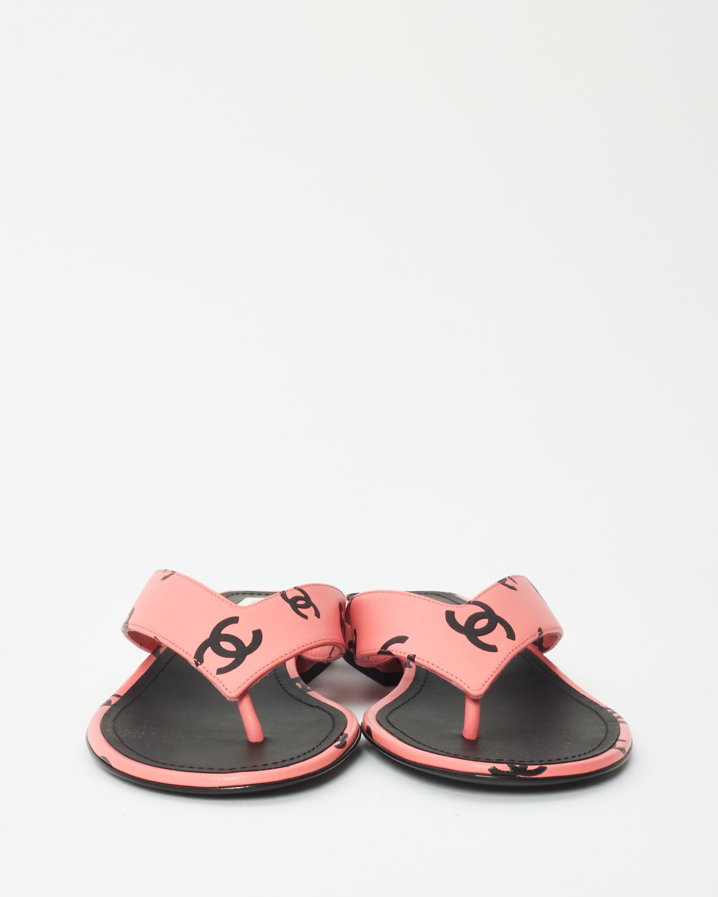 Chanel Pink 
Black Logo Leather 22S Flip Flop Sandals - 35.5