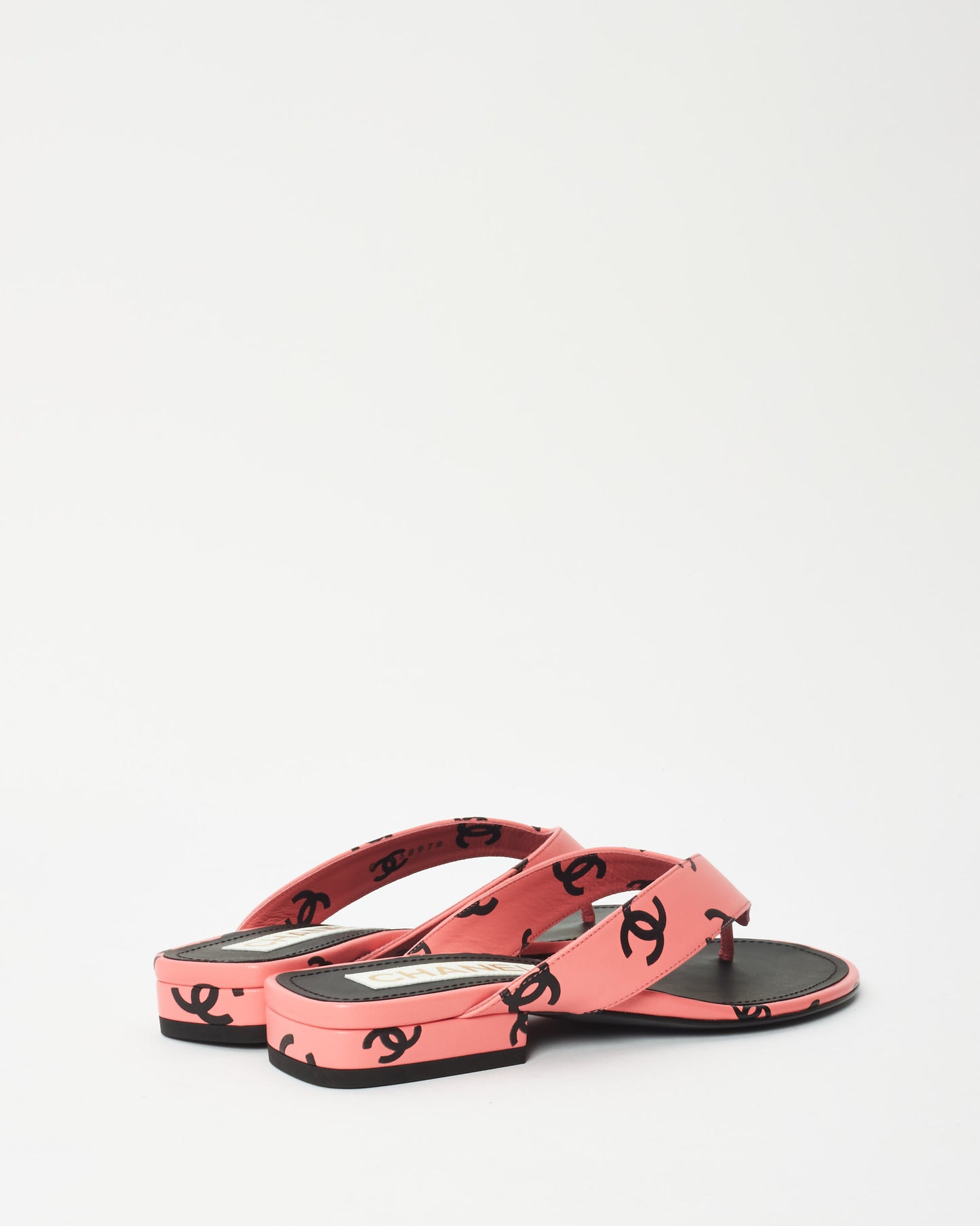 Chanel Pink 
Black Logo Leather 22S Flip Flop Sandals - 35.5