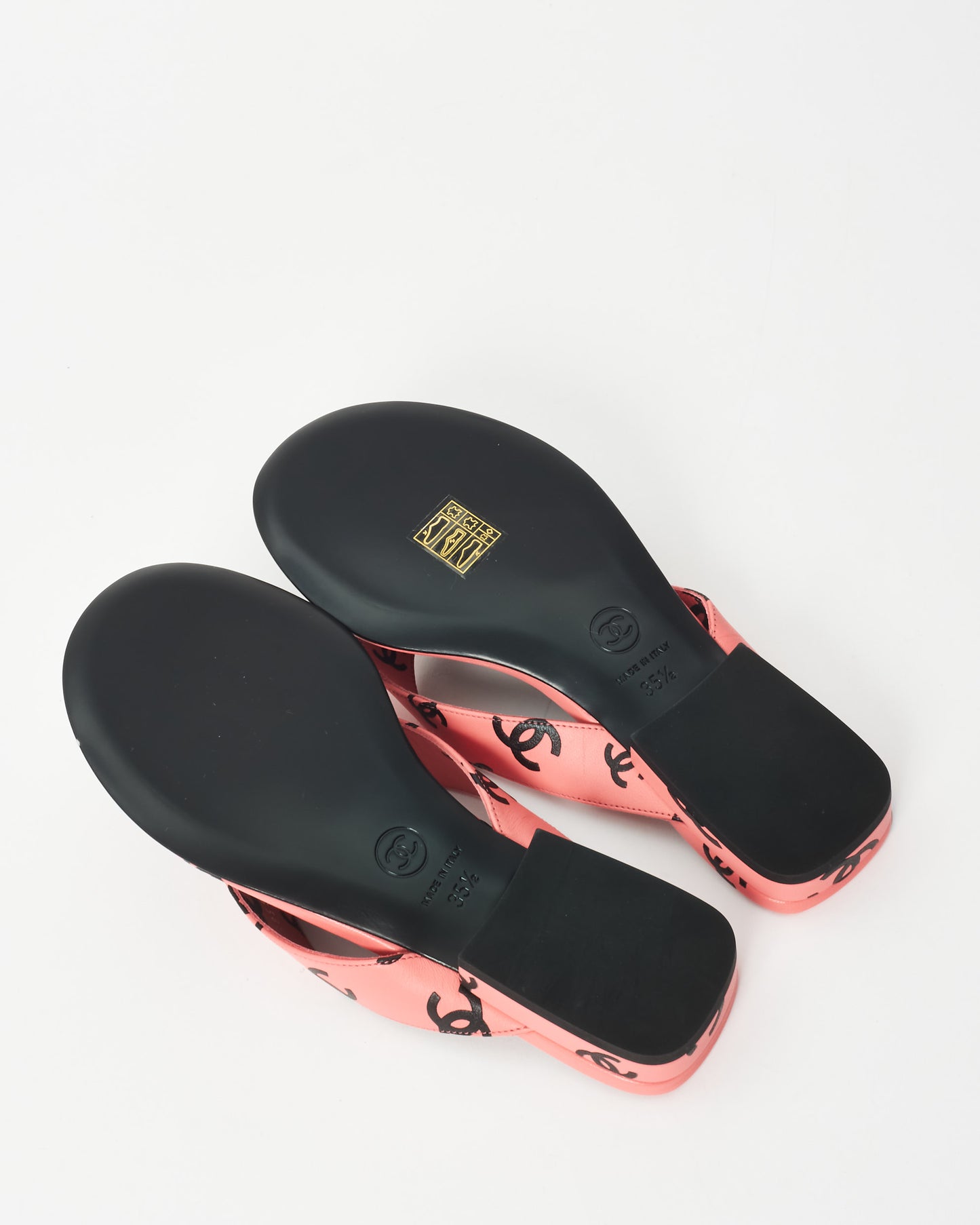 Chanel Pink 
Black Logo Leather 22S Flip Flop Sandals - 35.5