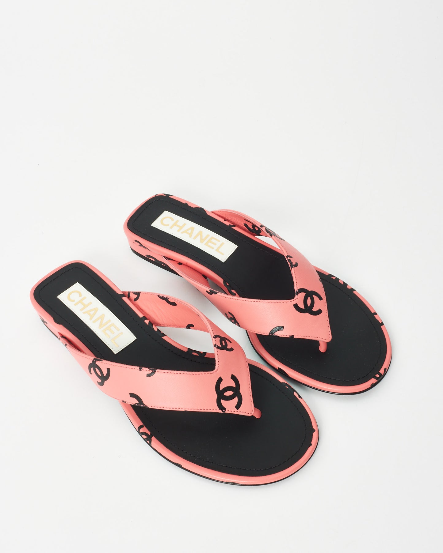 Chanel Pink 
Black Logo Leather 22S Flip Flop Sandals - 35.5