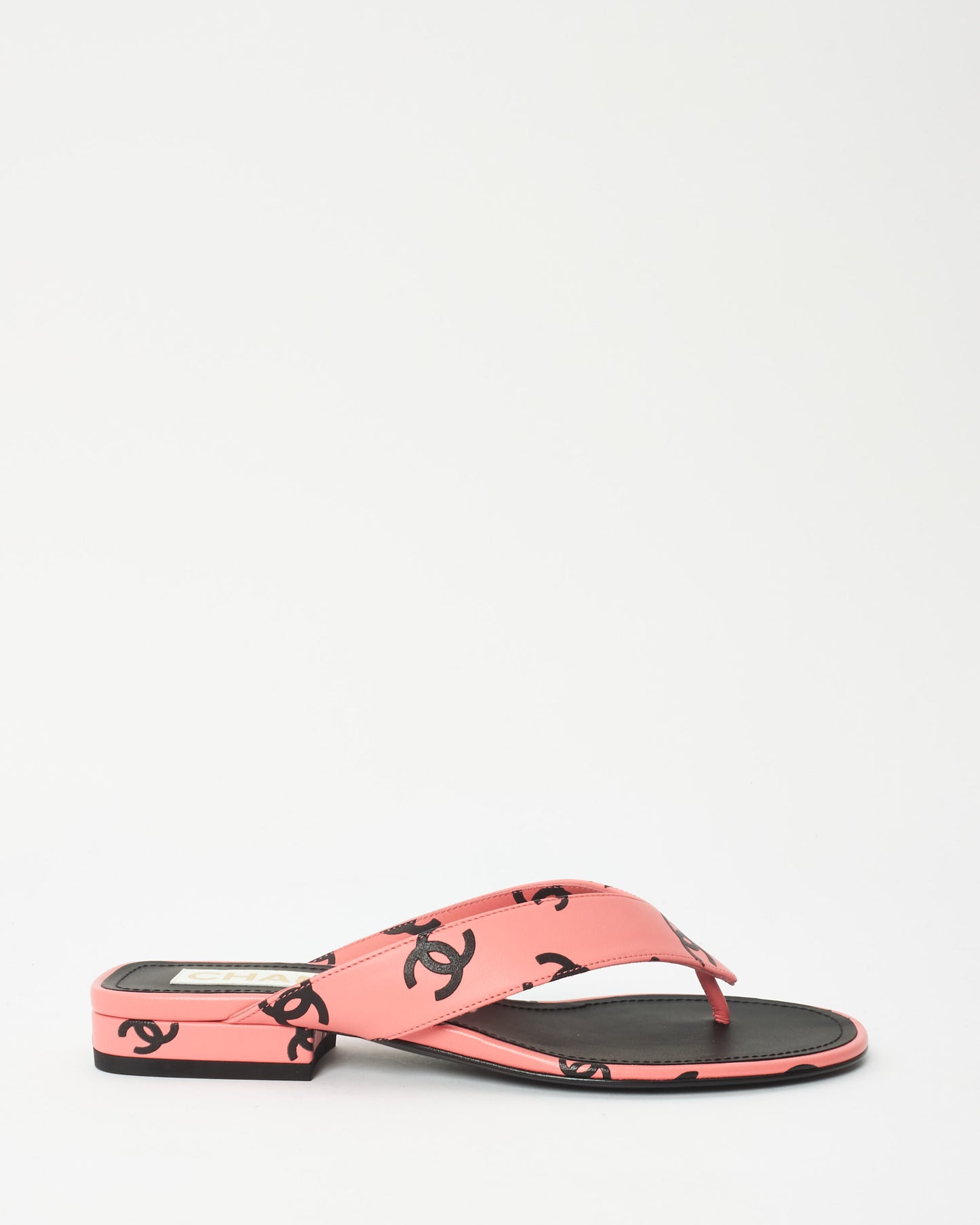 Chanel Pink 
Black Logo Leather 22S Flip Flop Sandals - 35.5