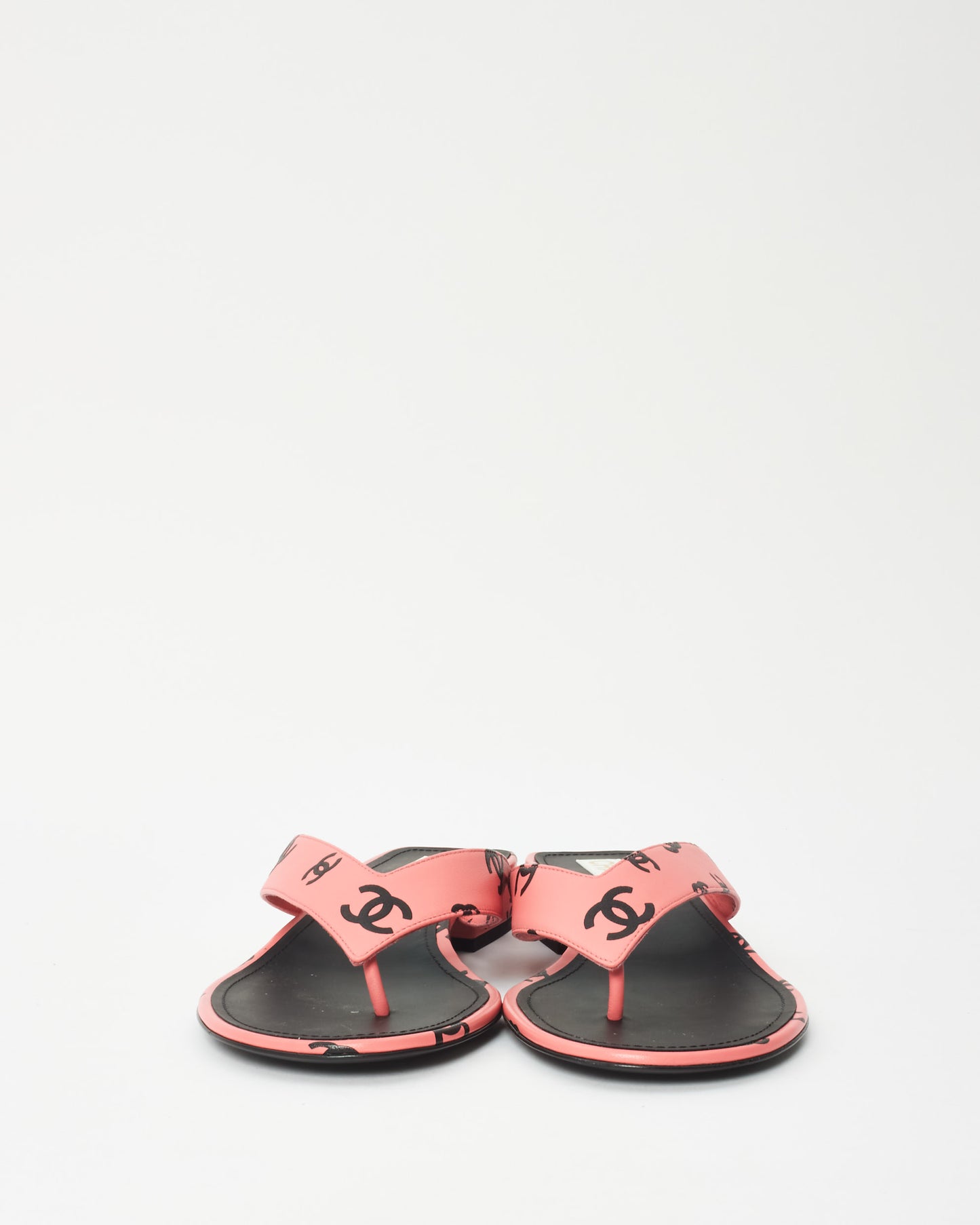 Chanel Pink 
Black Logo Leather 22S Flip Flop Sandals - 42