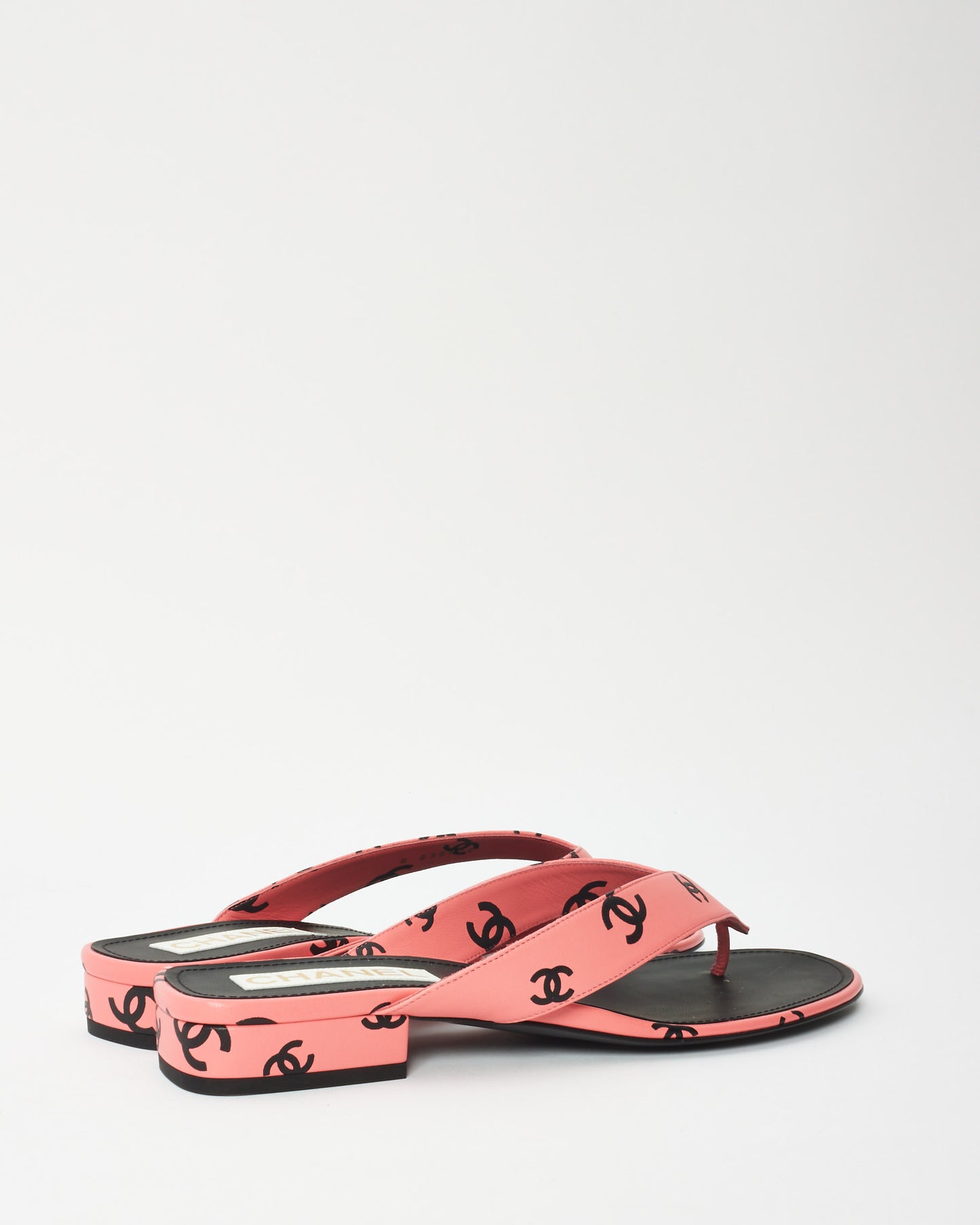 Chanel Pink 
Black Logo Leather 22S Flip Flop Sandals - 42