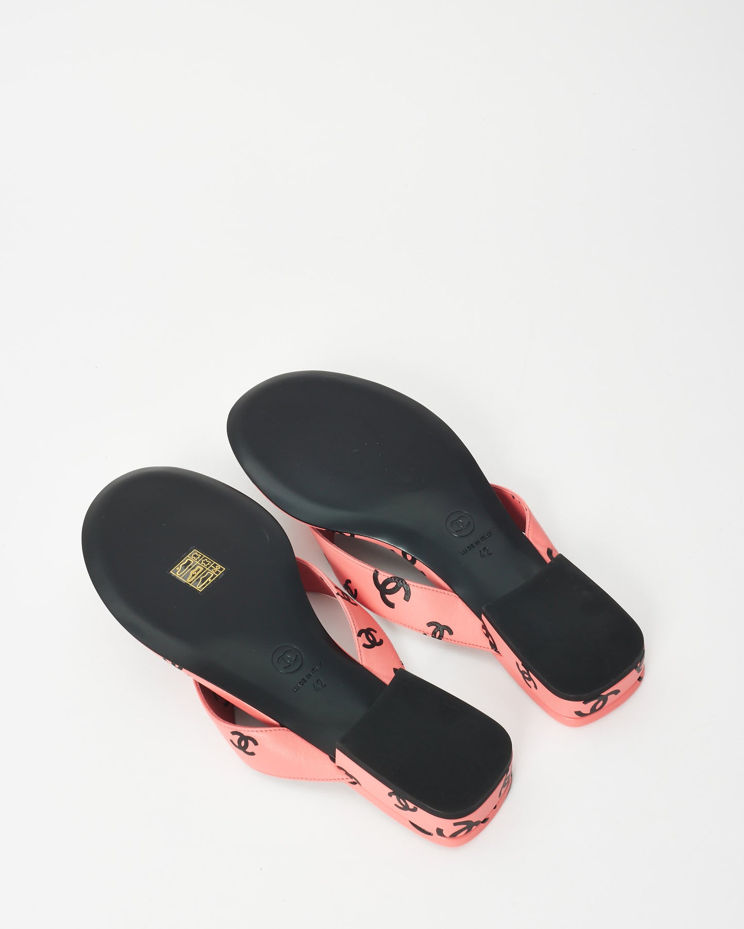 Chanel Pink 
Black Logo Leather 22S Flip Flop Sandals - 42