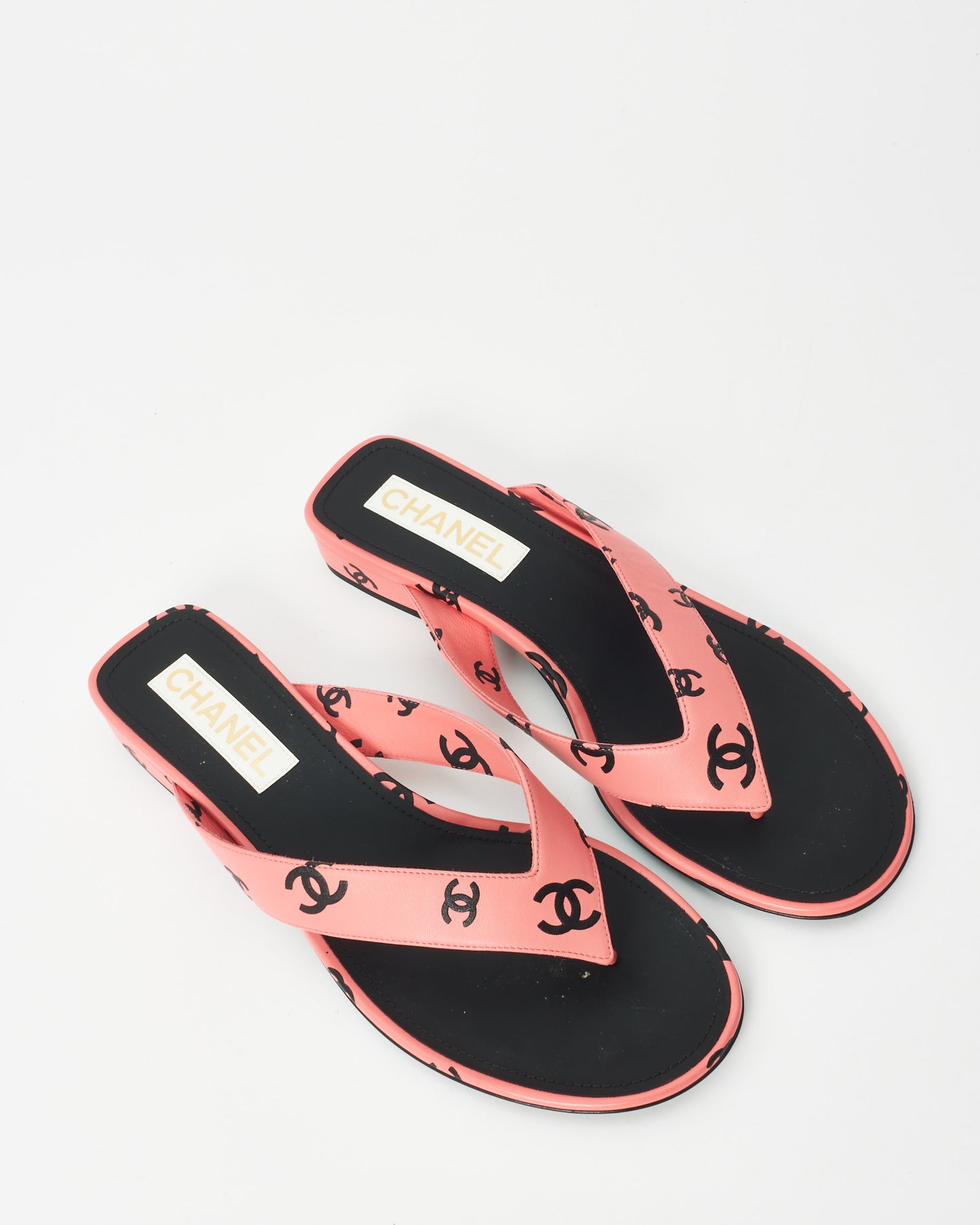 Chanel Pink 
Black Logo Leather 22S Flip Flop Sandals - 42