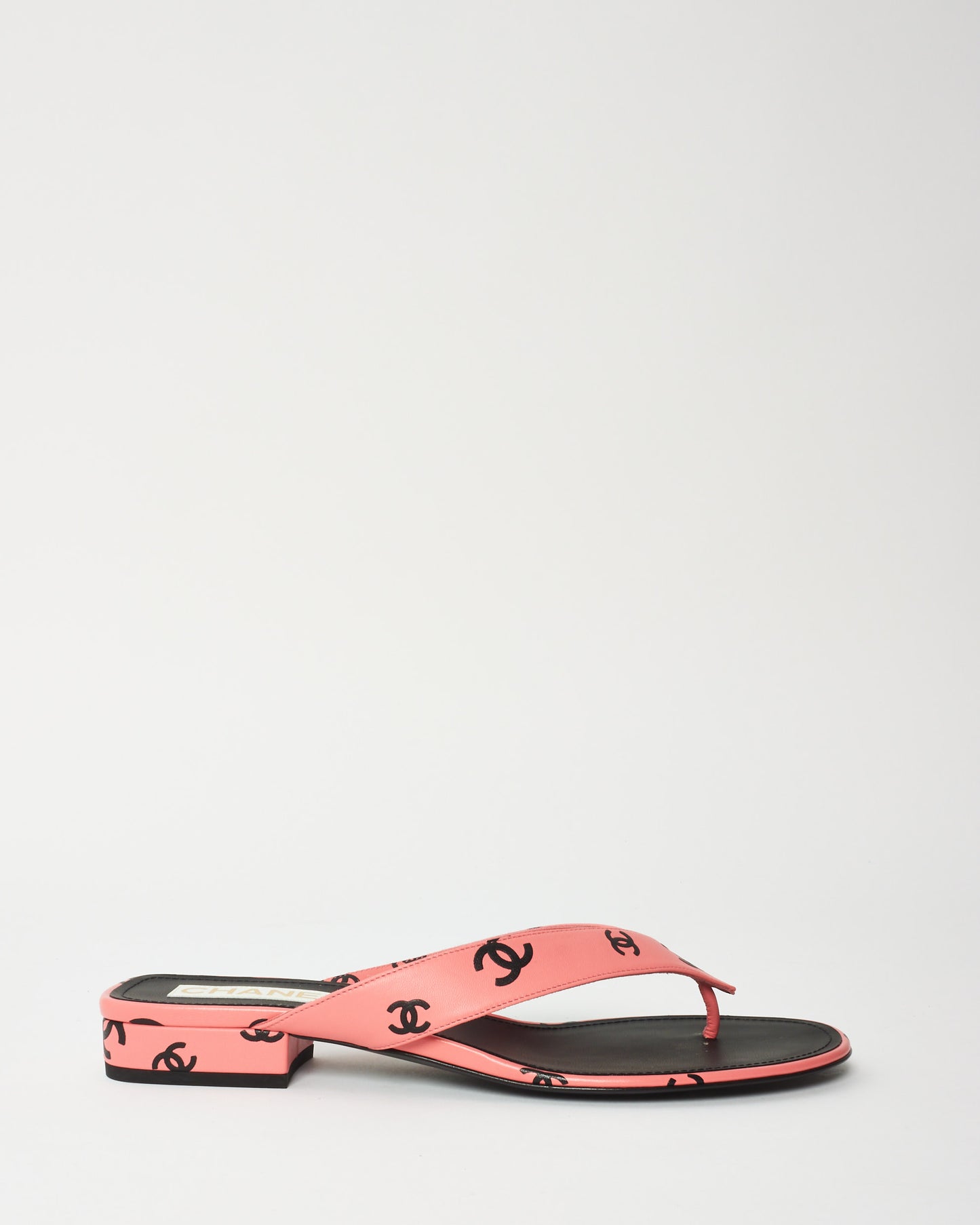 Chanel Pink 
Black Logo Leather 22S Flip Flop Sandals - 42