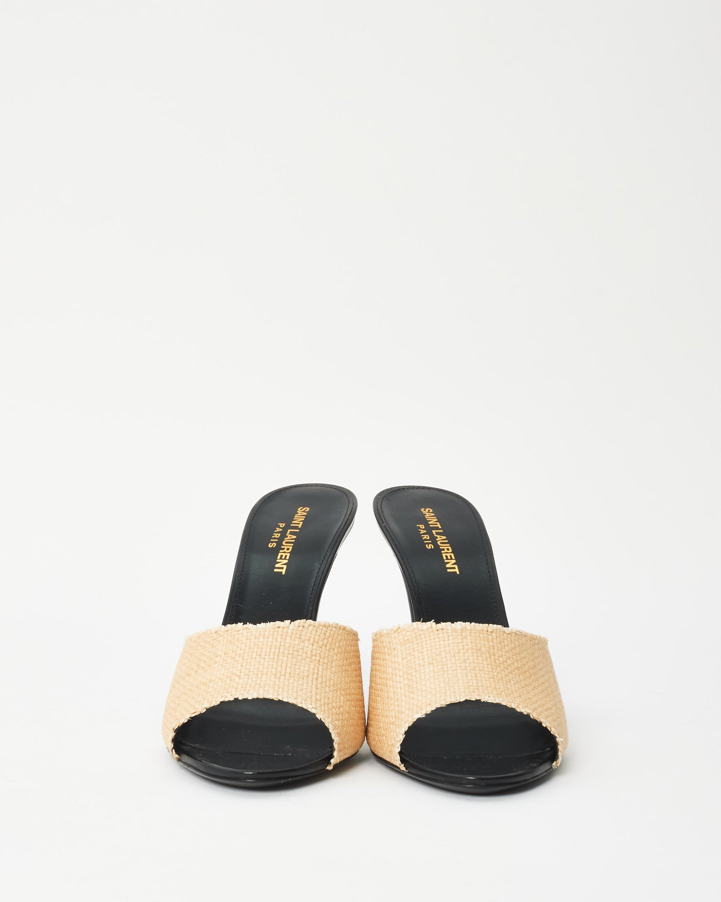 Saint Laurent Black Leather 
Beige Raffia LA Mule Heels - 38.5