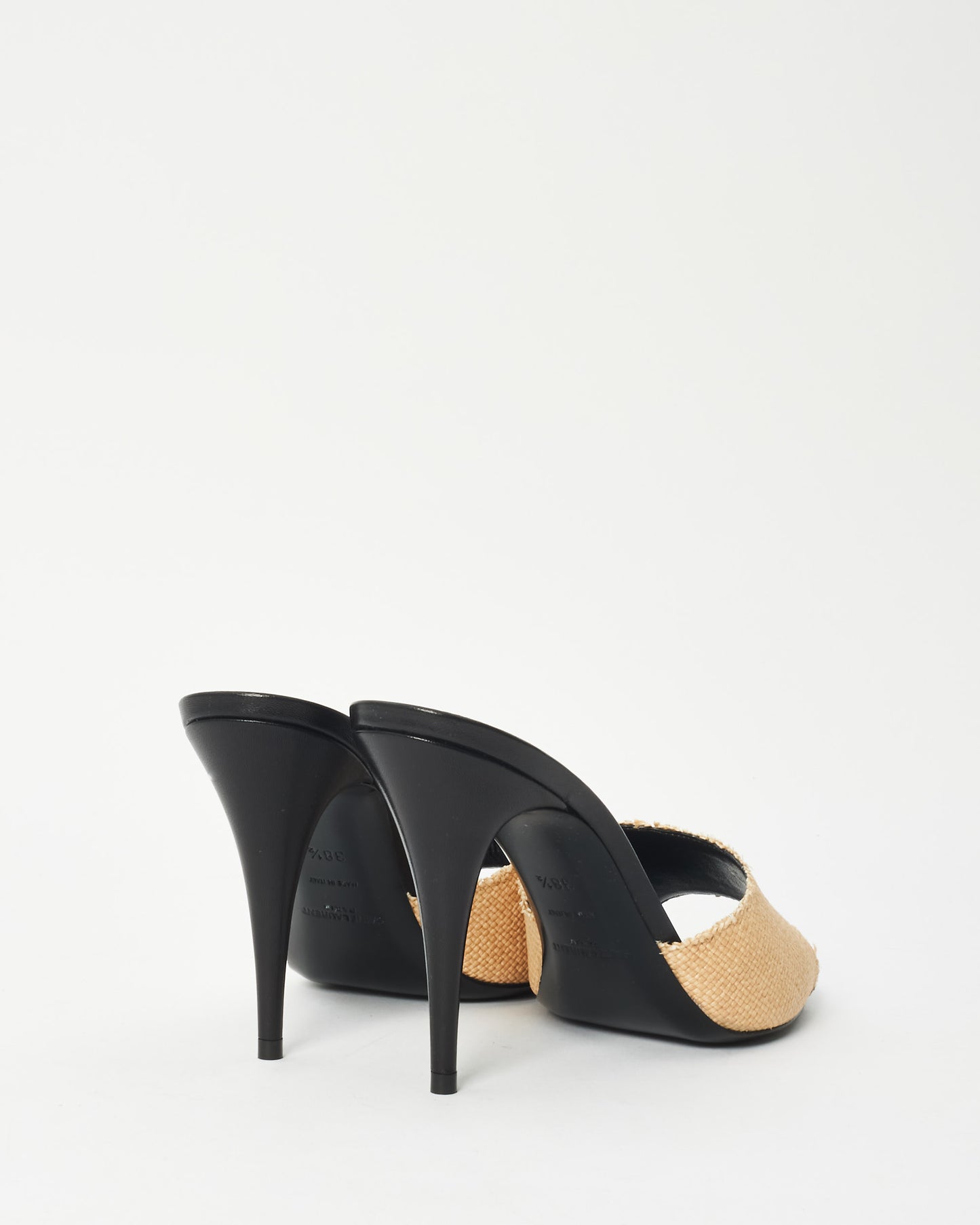 Saint Laurent Black Leather 
Beige Raffia LA Mule Heels - 38.5