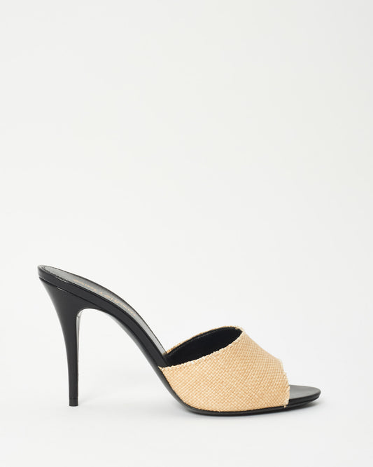 Saint Laurent Black Leather 
Beige Raffia LA Mule Heels - 38.5