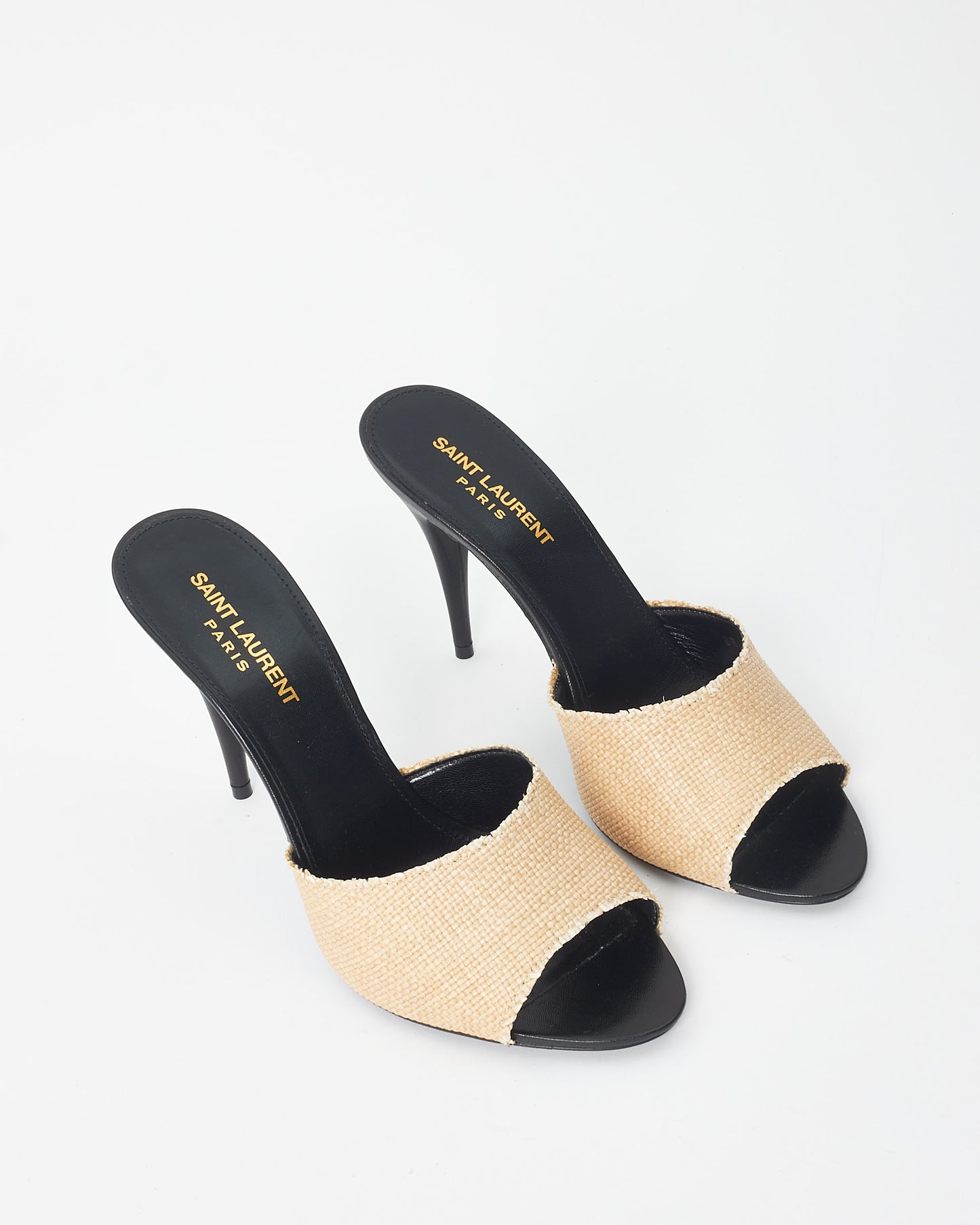 Saint Laurent Black Leather 
Beige Raffia LA Mule Heels - 38.5