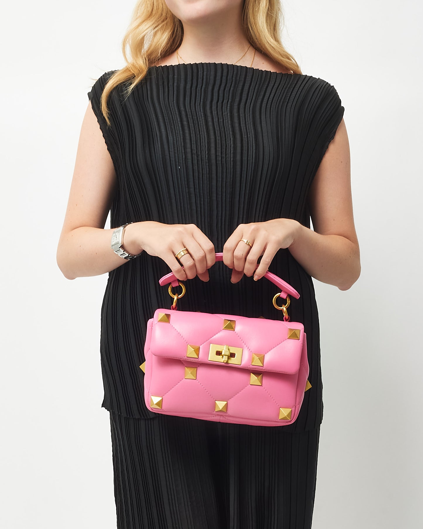 Valentino Bright Pink Leather Roman Stud Medium Crossbody Bag