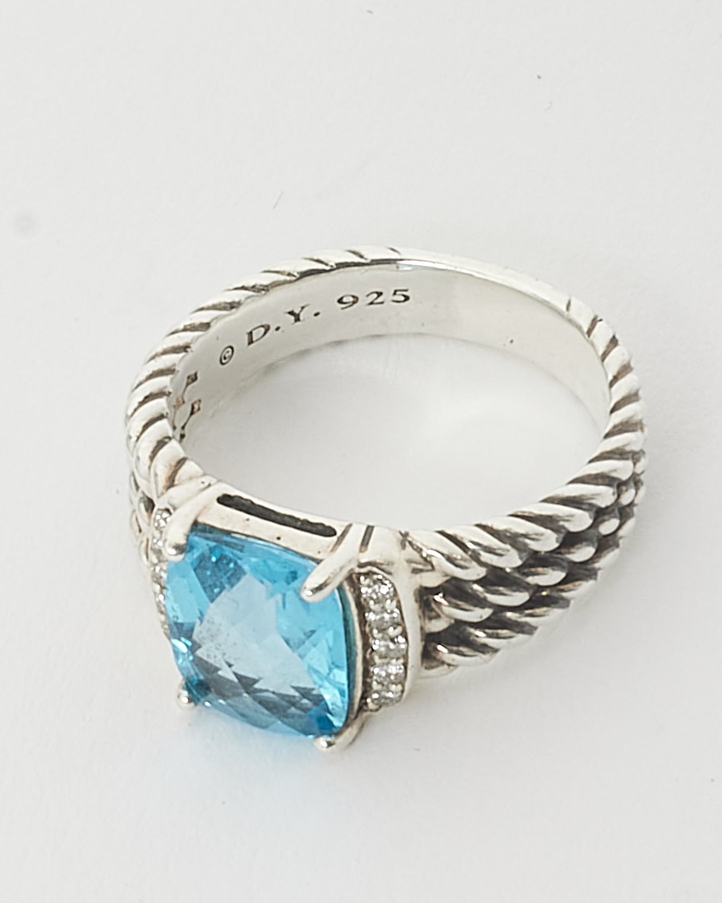 David Yurman 925 Silver Blue Topaz 
Diamond Wheaton Ring - 7