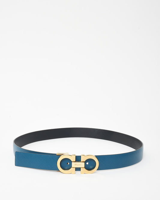 Salvatore Ferragamo Blue 
Black Leather Logo Reversible Belt - 80